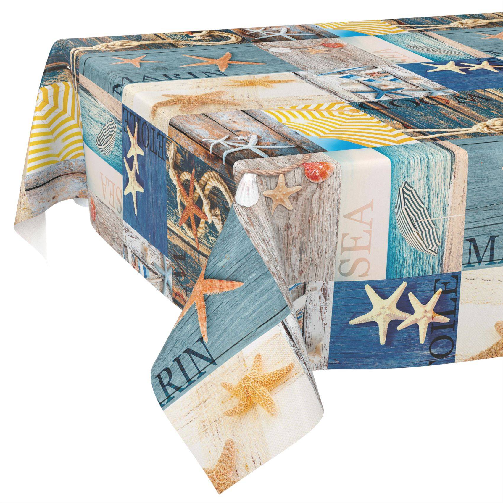 ANRO Tischdecke Maritim Blau 160 x 120 cm eckig Schnittkante Wachstuch Maritimpatchwork