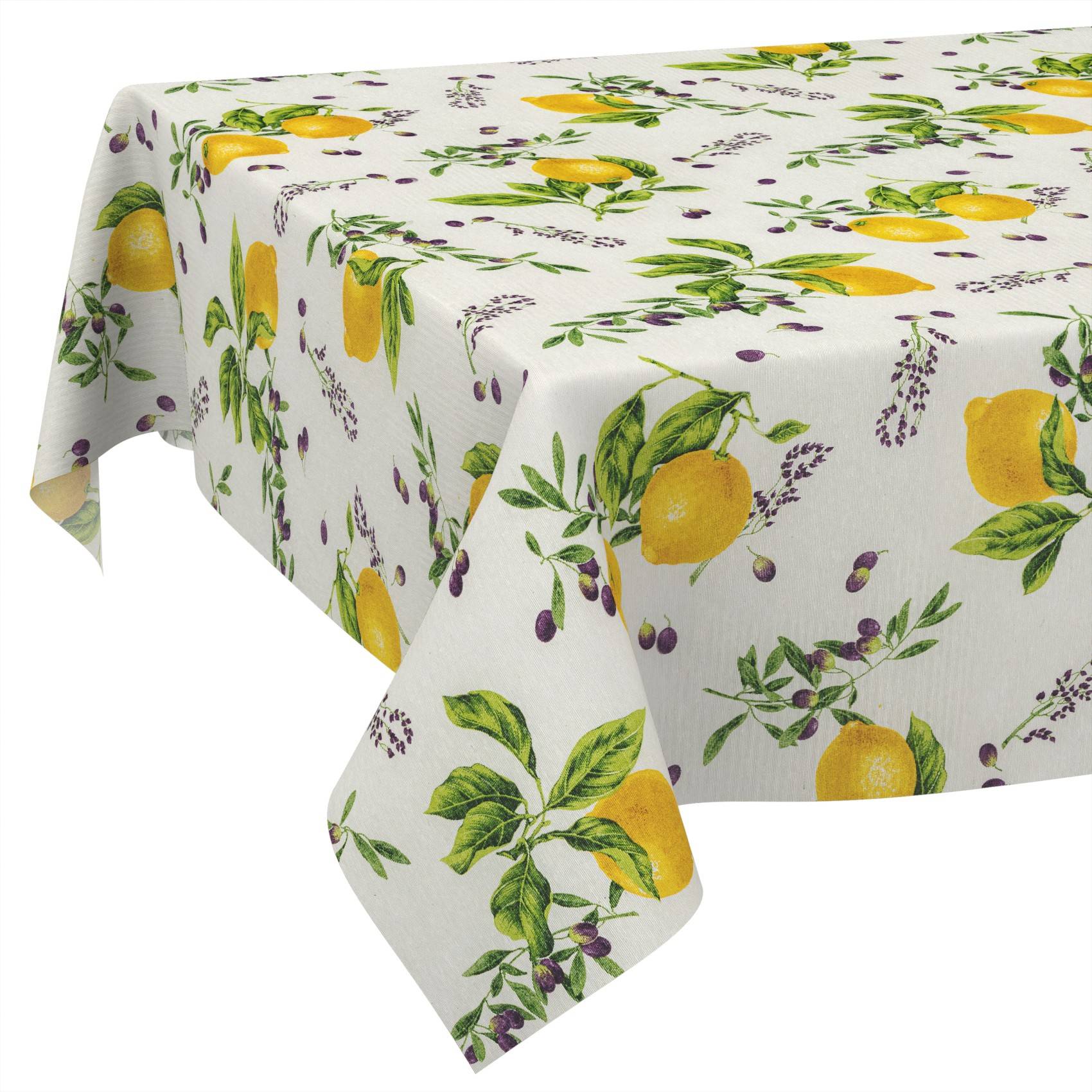 Weiße Tischdecke mit einem sich wiederholenden Muster aus Zitrone, Olivenzweig und Lavendelblüten, die über einen Tisch drapiert ist.
