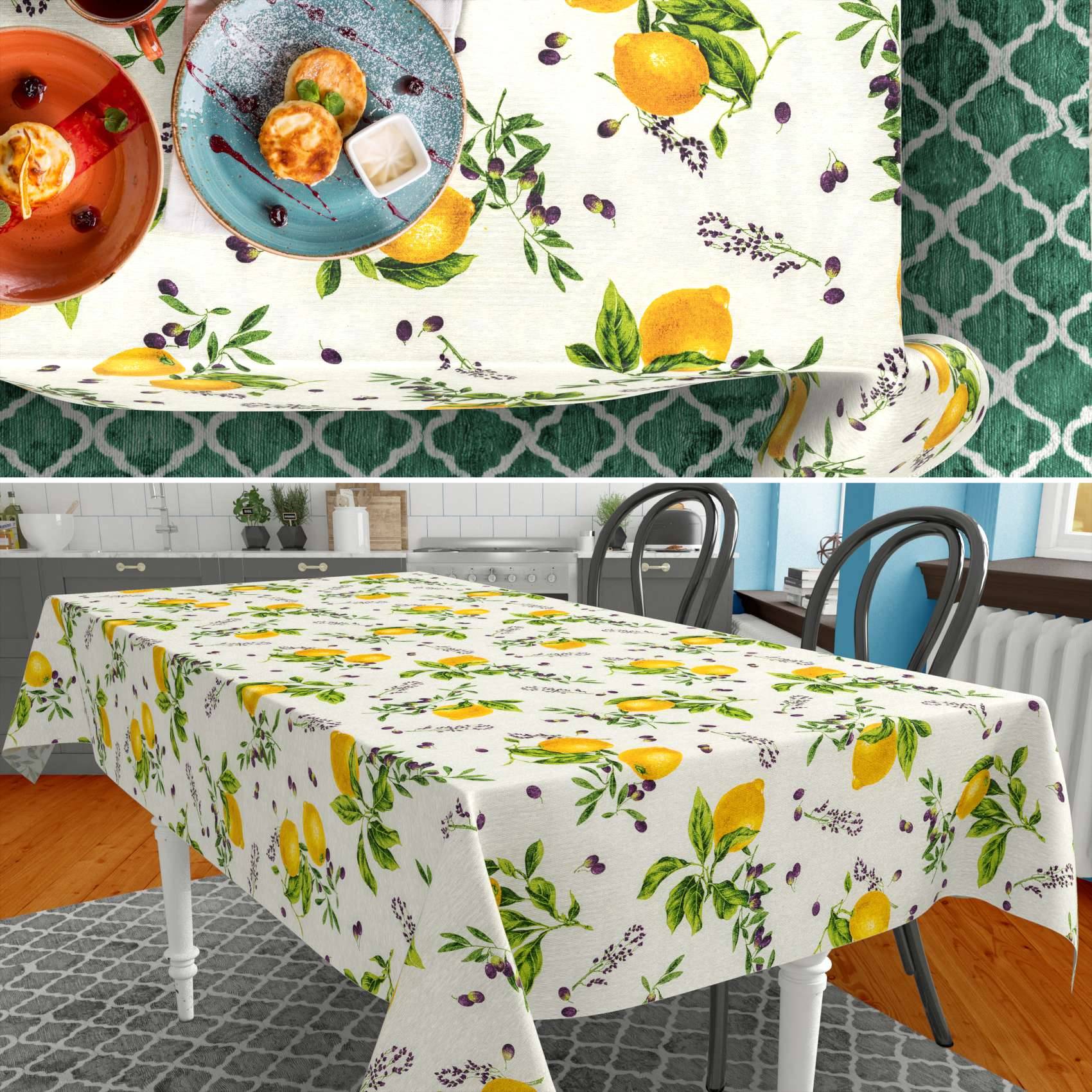 Tischdecke mit Zitronen- und Kräutermuster auf einem Esstisch, in Nahaufnahme und in einer Küchenumgebung mit Tellern und Stühlen dargestellt.