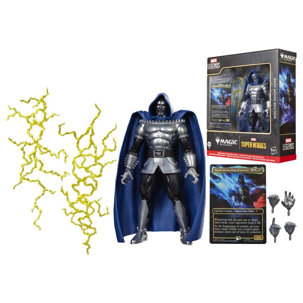 Marvel Legends Doctor Doom Actionfigur mit blauem Umhang, Karton, Karte und austauschbaren Händen; gezeigt mit gelben Energieeffekten.