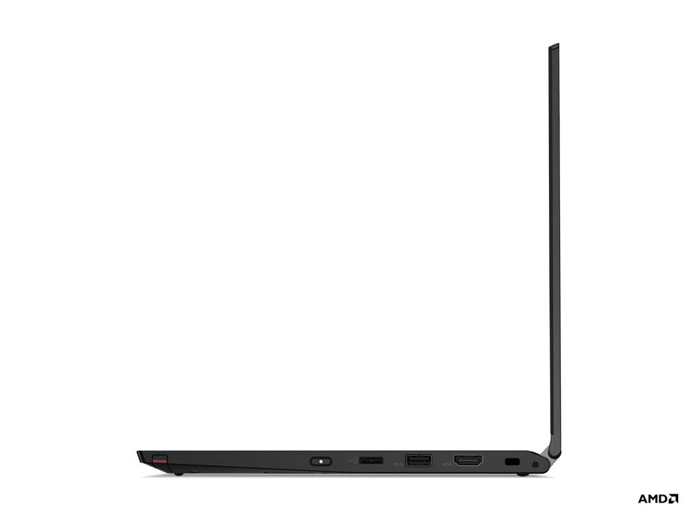 Seitenansicht eines dünnen schwarzen Laptops, größtenteils geschlossen, mit Blick auf das Scharnier, Seitenschnittstellen und die hochaufragende Displaykante.
