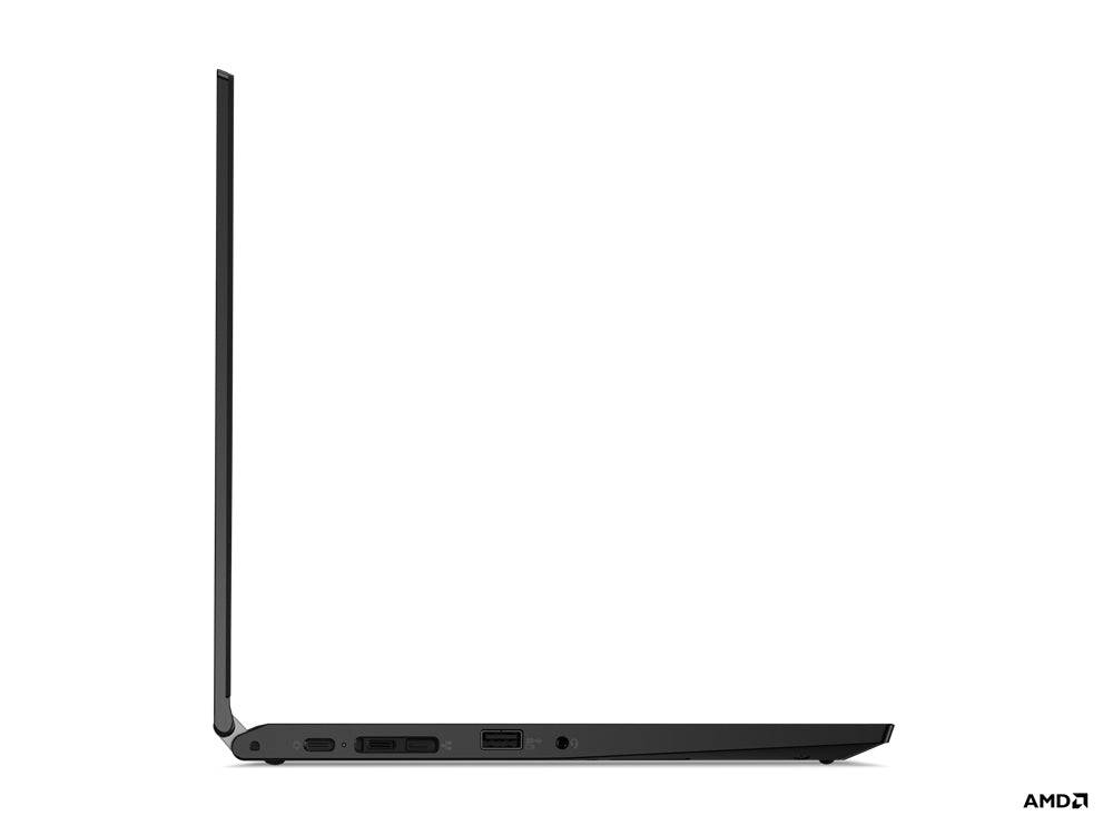 Seitenansicht eines dünnen schwarzen Laptops, der in einem rechten Winkel geöffnet ist, mit AMD-Logo in der unteren rechten Ecke.