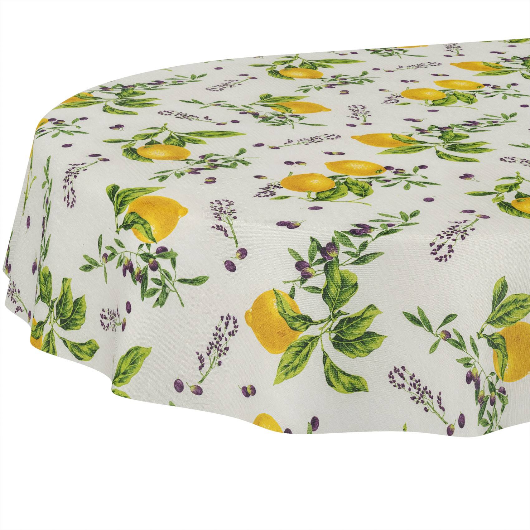 Runde Tischdecke mit weißem Hintergrund und wiederholendem Floraldruck aus Zitrone, Olivenzweig und Lavendel.