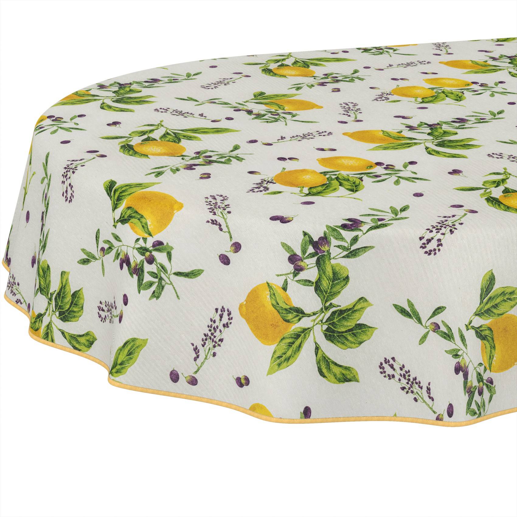 Runde Tischdecke mit einem Zitonen-, Lavendel- und grünem Blattblumenmuster auf weißem Hintergrund.