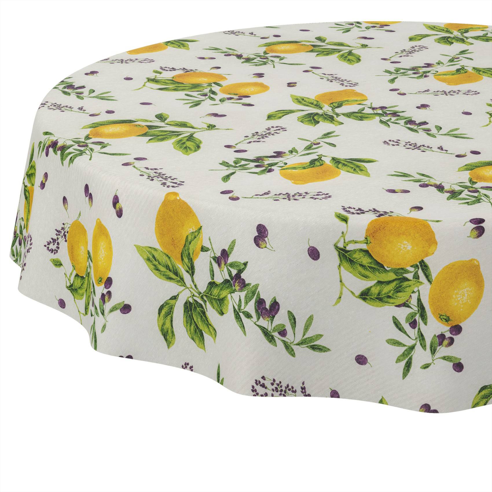 Runde Tischdecke mit Zitronen- und Lavendeldruck auf weißem Hintergrund, über einen Tisch drapiert.