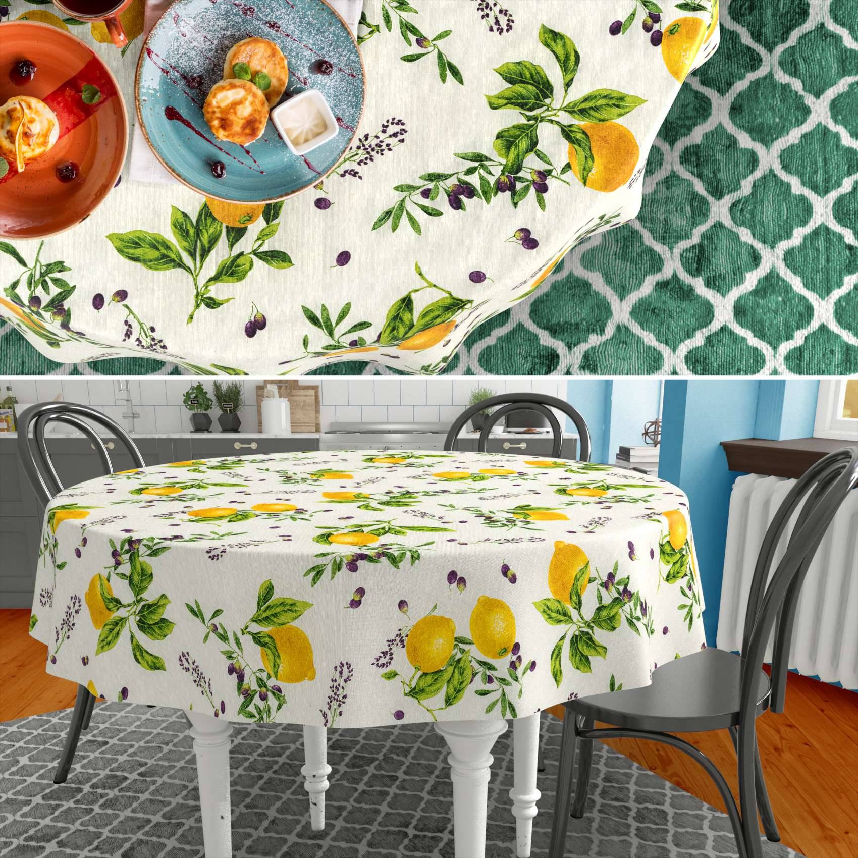 Runde Tischdecke mit Zitonen- und Lavendelmuster auf einem Esstisch, in Nahaufnahme und in einer Rauminszenierung gezeigt.
