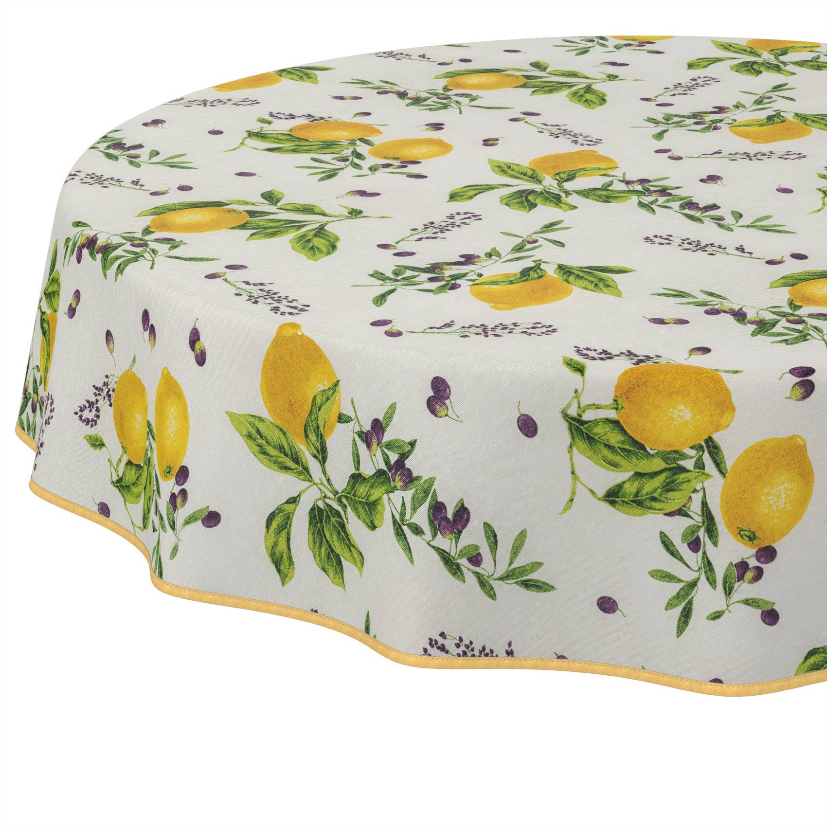 Runde Tischdecke mit Zitrone, Lavendel und Olivenzweig-Muster auf weißem Hintergrund mit gelbem Muschelkanten-Saum.