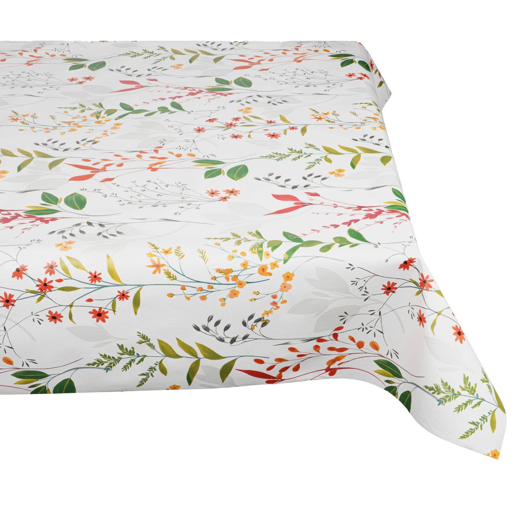 Weiße Tischdecke mit einem bunten Blüten- und Blattmuster, dargestellt über einem Tisch drapiert vor einem schlichten Hintergrund.