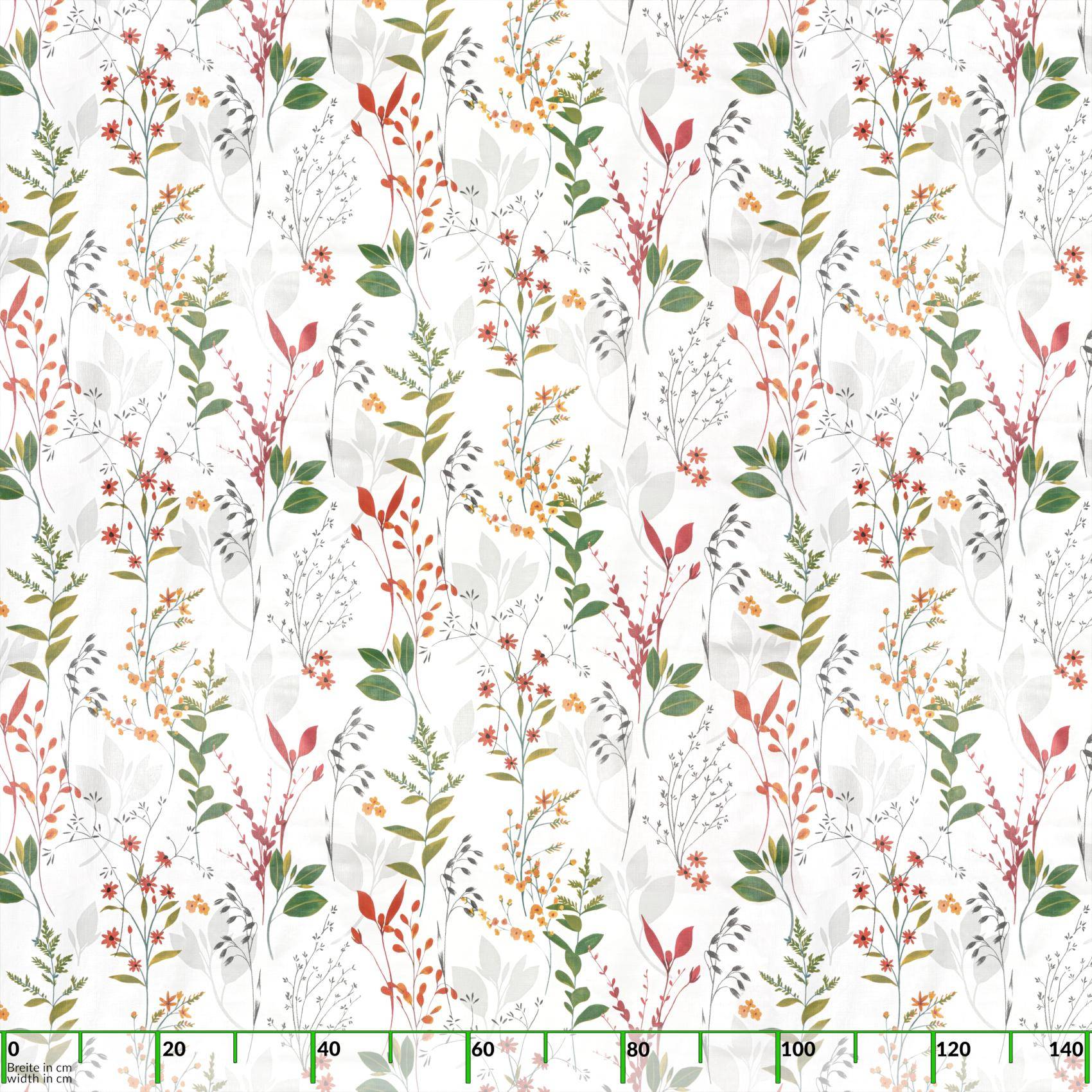 Dekoratives Blumenmuster mit sich wiederholenden Aquarellstil-Stängeln, Blättern und kleinen Blüten in Grün, Orange, Rot und Grau auf weißem Hintergrund.