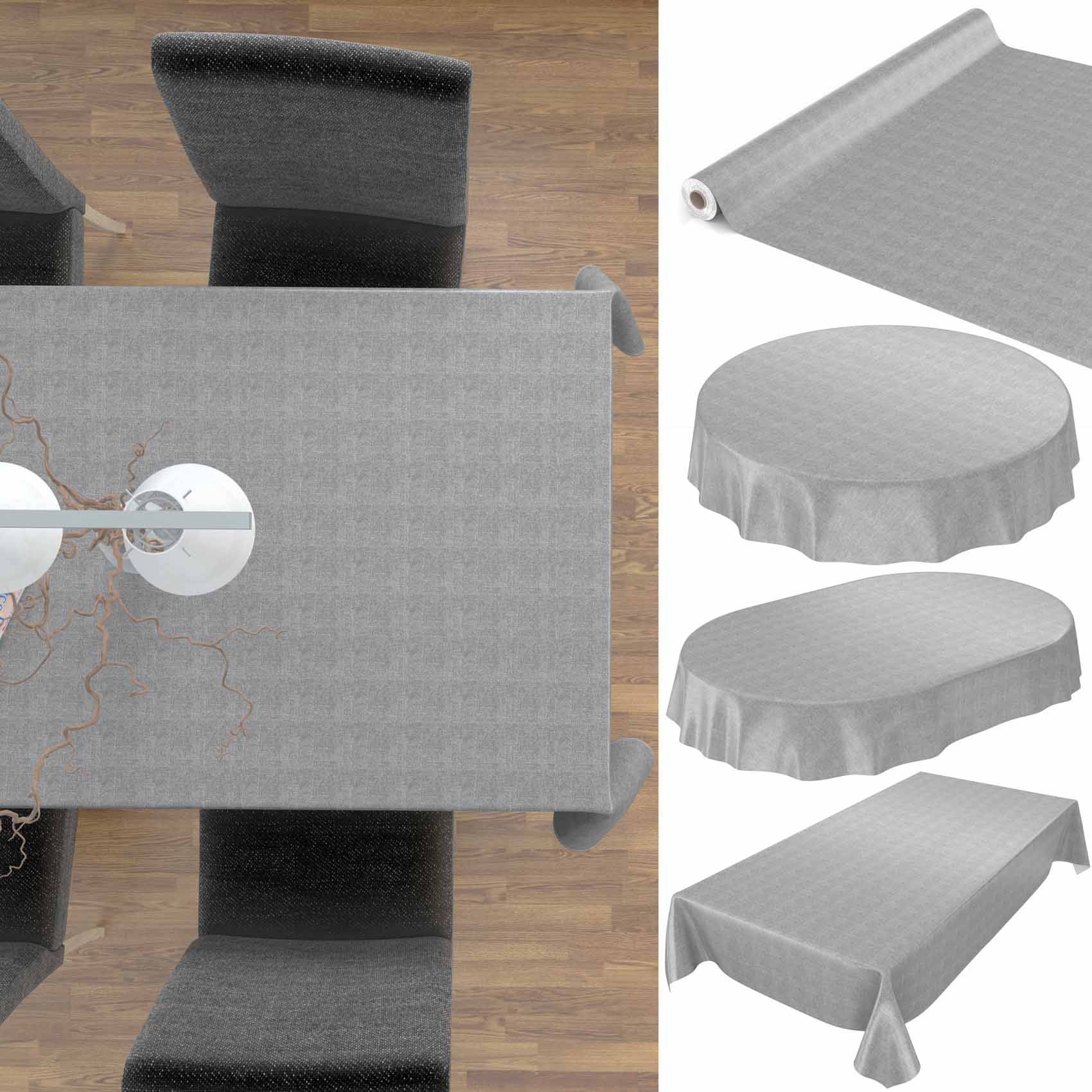 Graue strukturierte Tischdecke auf einem Esstisch und in Produktansichten für runde und rechteckige Tische, mit drapiertem Rand und Rollverpackung.