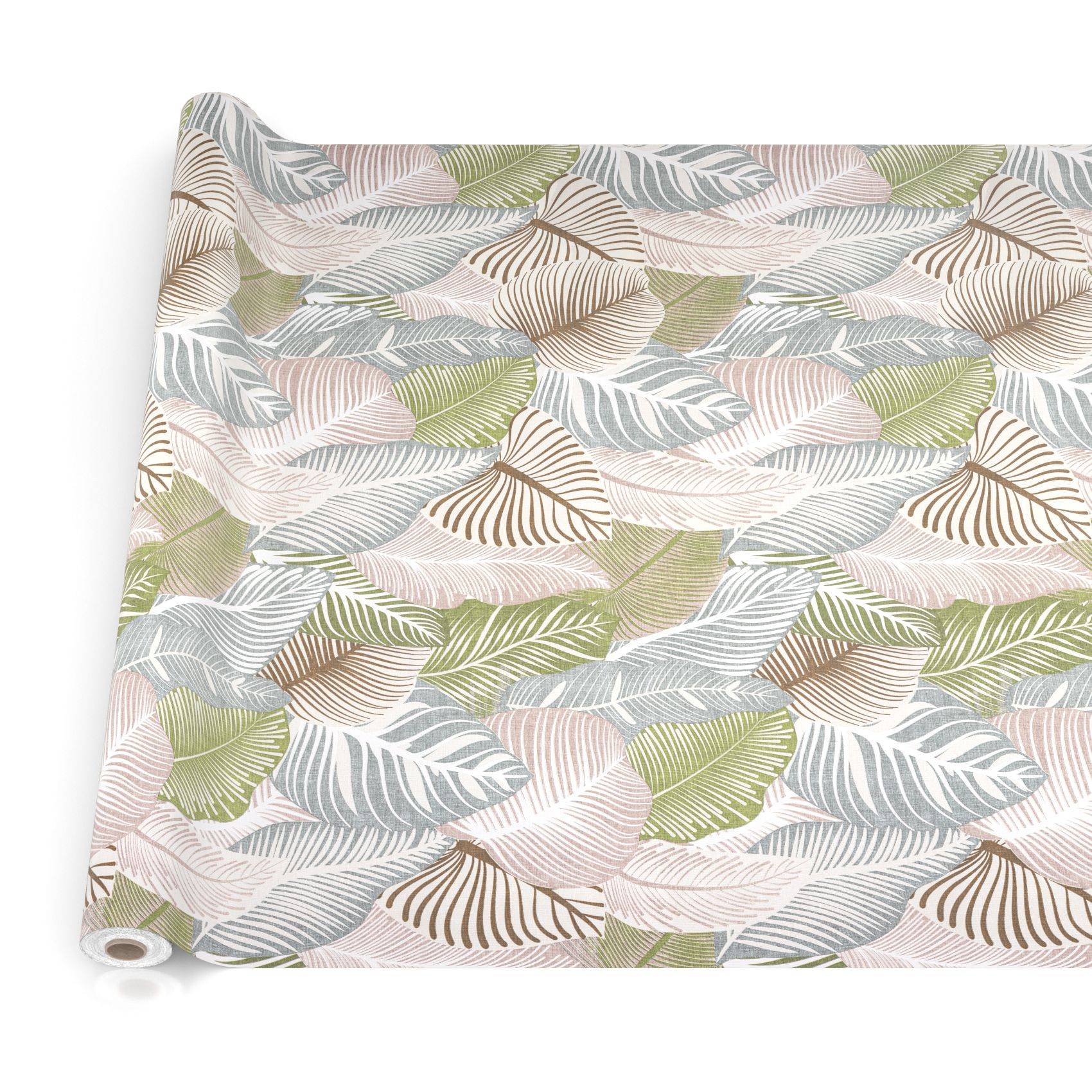 Rolle dekorativer Tapete mit einem sich wiederholenden Pastell-Blatt- und Federnmuster in Grün, Rosa, Beige und Grau auf weißem Untergrund.