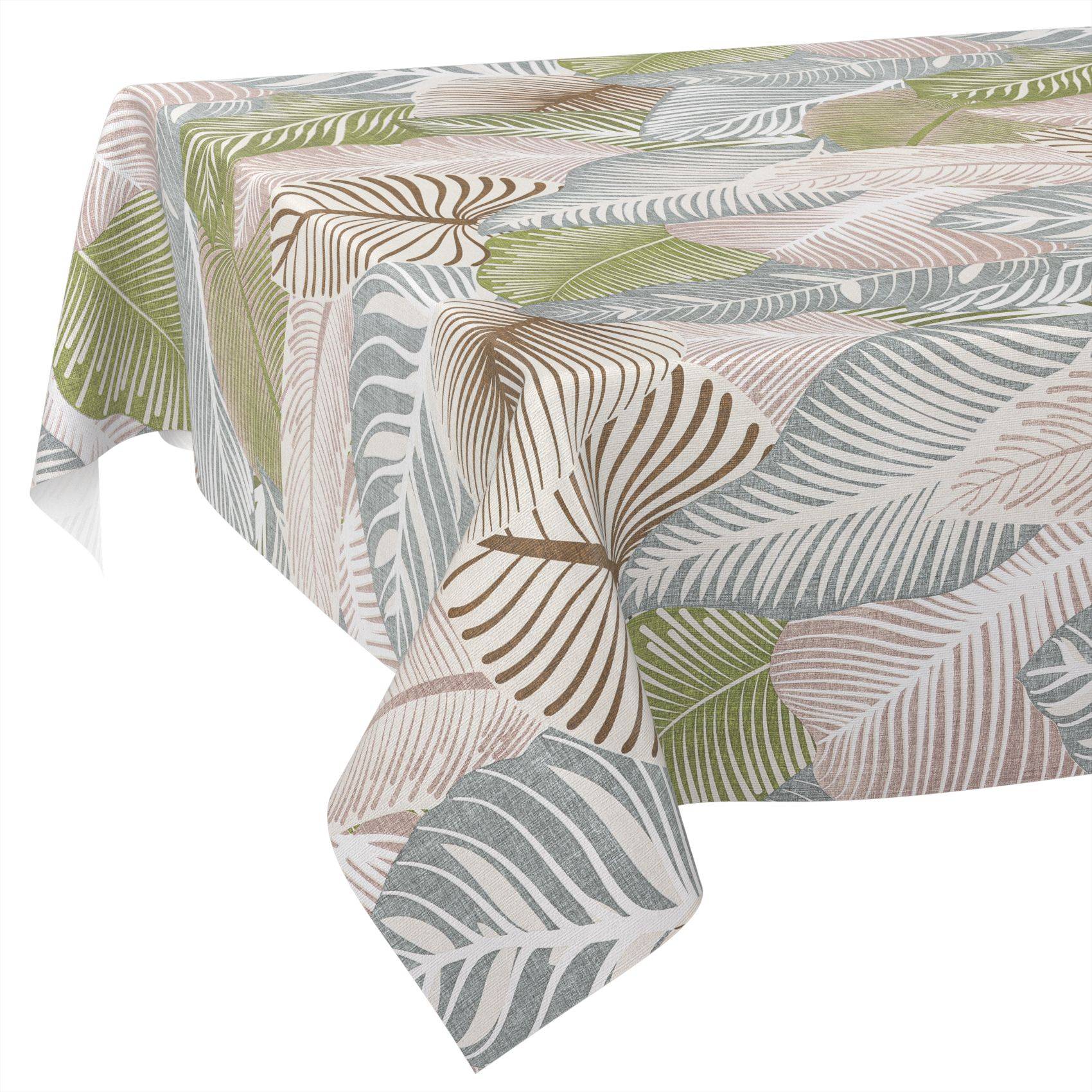 Rechteckige Tischdecke mit einem pastellfarbenen tropischen Blattmuster in Grün, Grau, Beige und Rosa auf weißem Hintergrund.