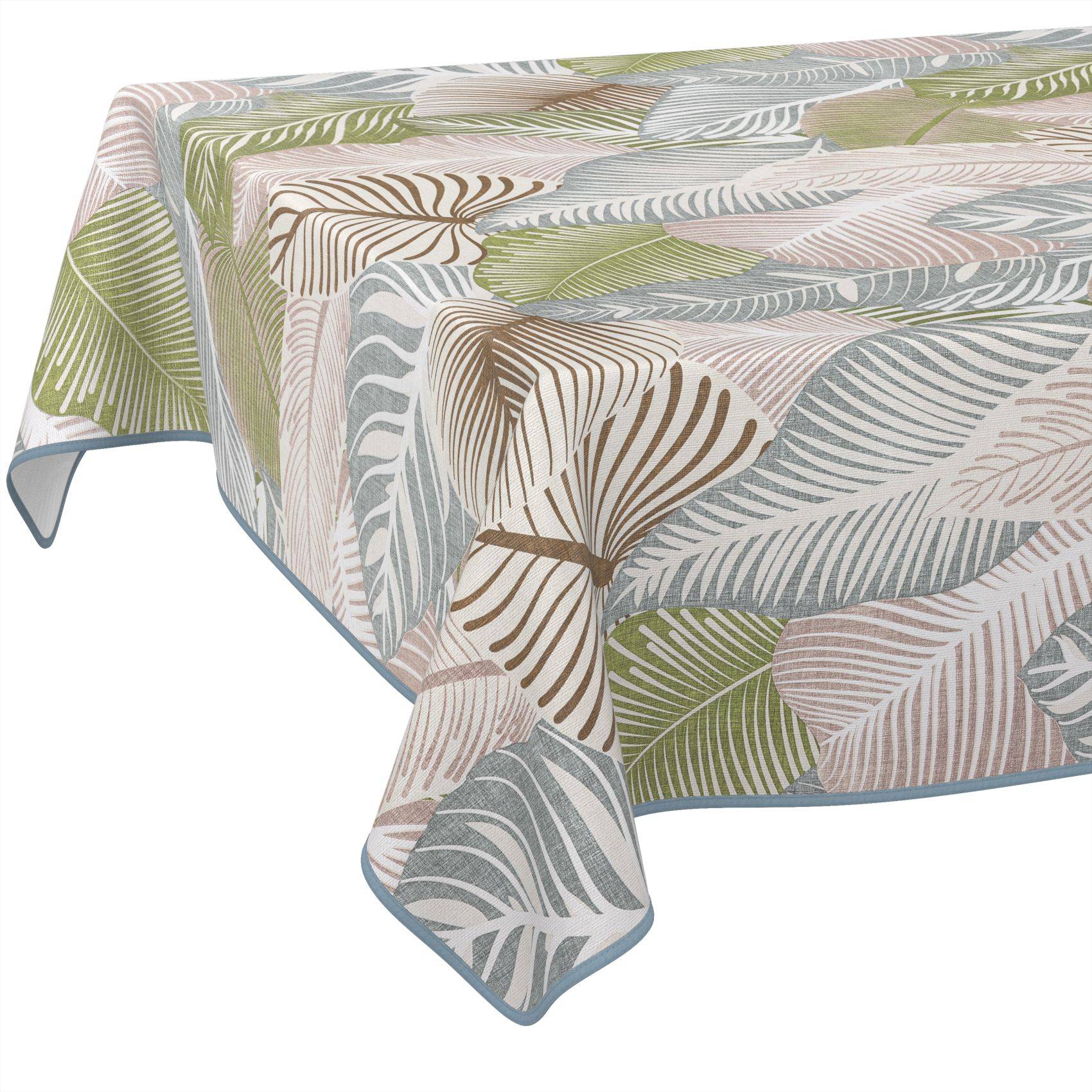 Gemusterter Tischtuch mit sich überlappenden Blatt- und Palmwedelmotiven in gedämpftem Grün, Beige, Pink und Grau auf weißem Hintergrund.