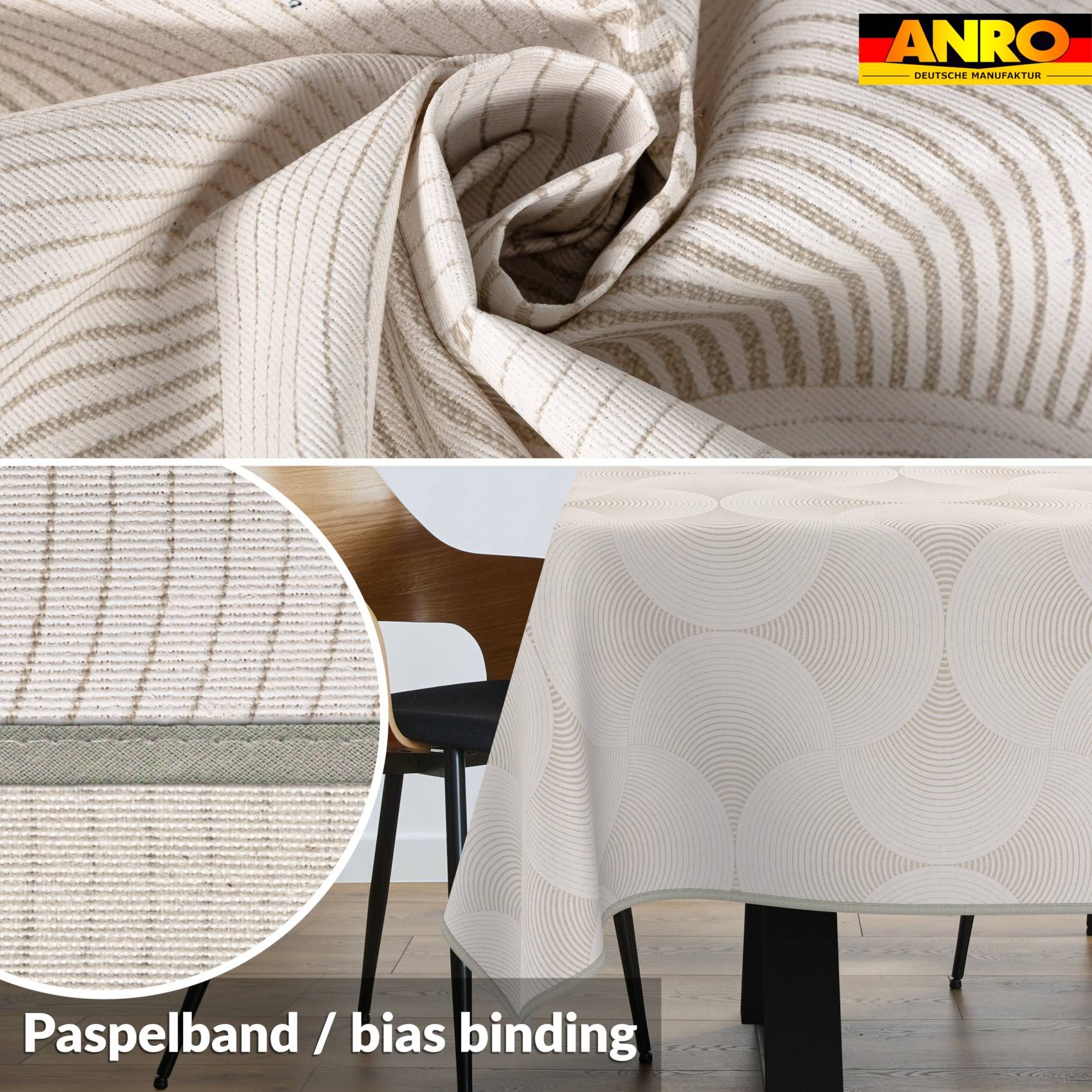 Creme- und tanfarbener gestreifter Polsterstoff, drapiert und auf einem Stuhl und Tisch gezeigt, mit der Bezeichnung „Paspelband / Schrägband" und ANRO-Logo.