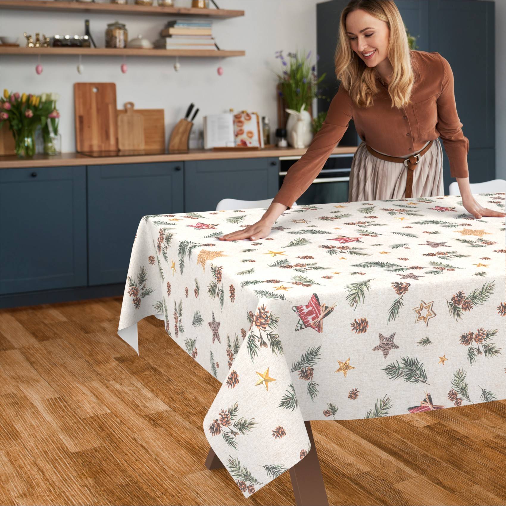 ANRO Tischdecke Zapfen Grün 180 x 140 cm eckig Schnittkante Baumwolle-Polyester