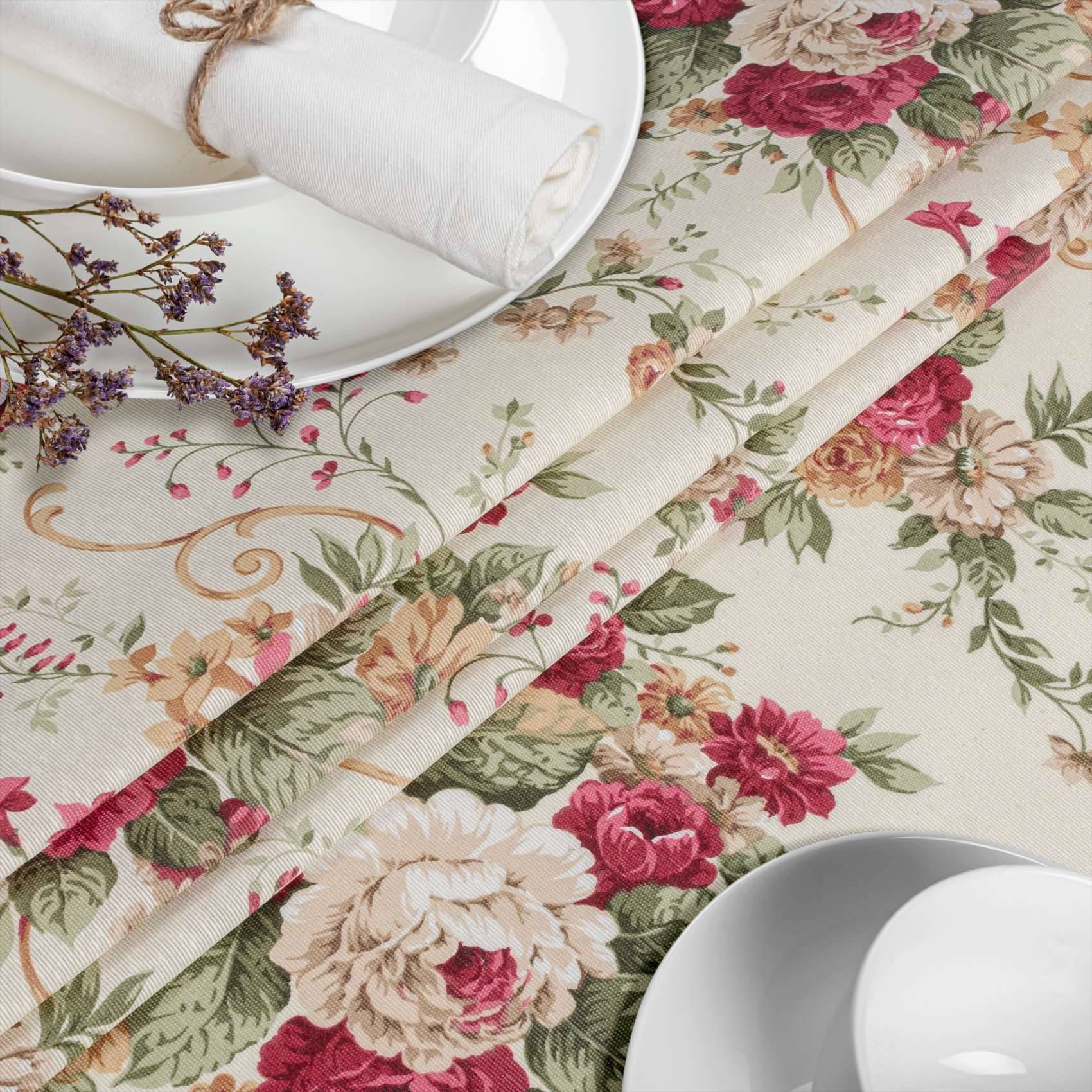 ANRO Tischdecke Rosen Creme 130 x 90 cm eckig mit Paspelband Baumwolle-Polyester