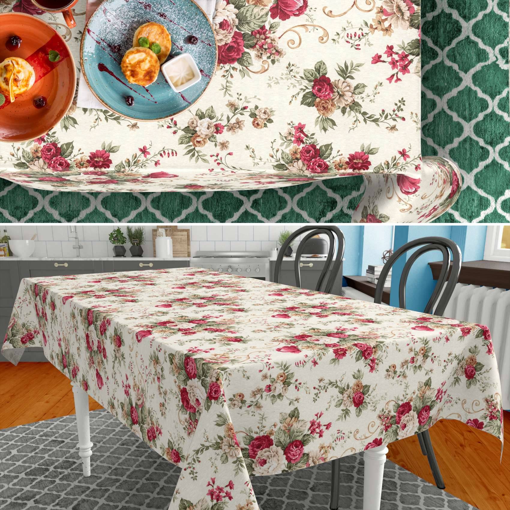 ANRO Tischdecke Rosen Creme 130 x 90 cm eckig mit Paspelband Baumwolle-Polyester