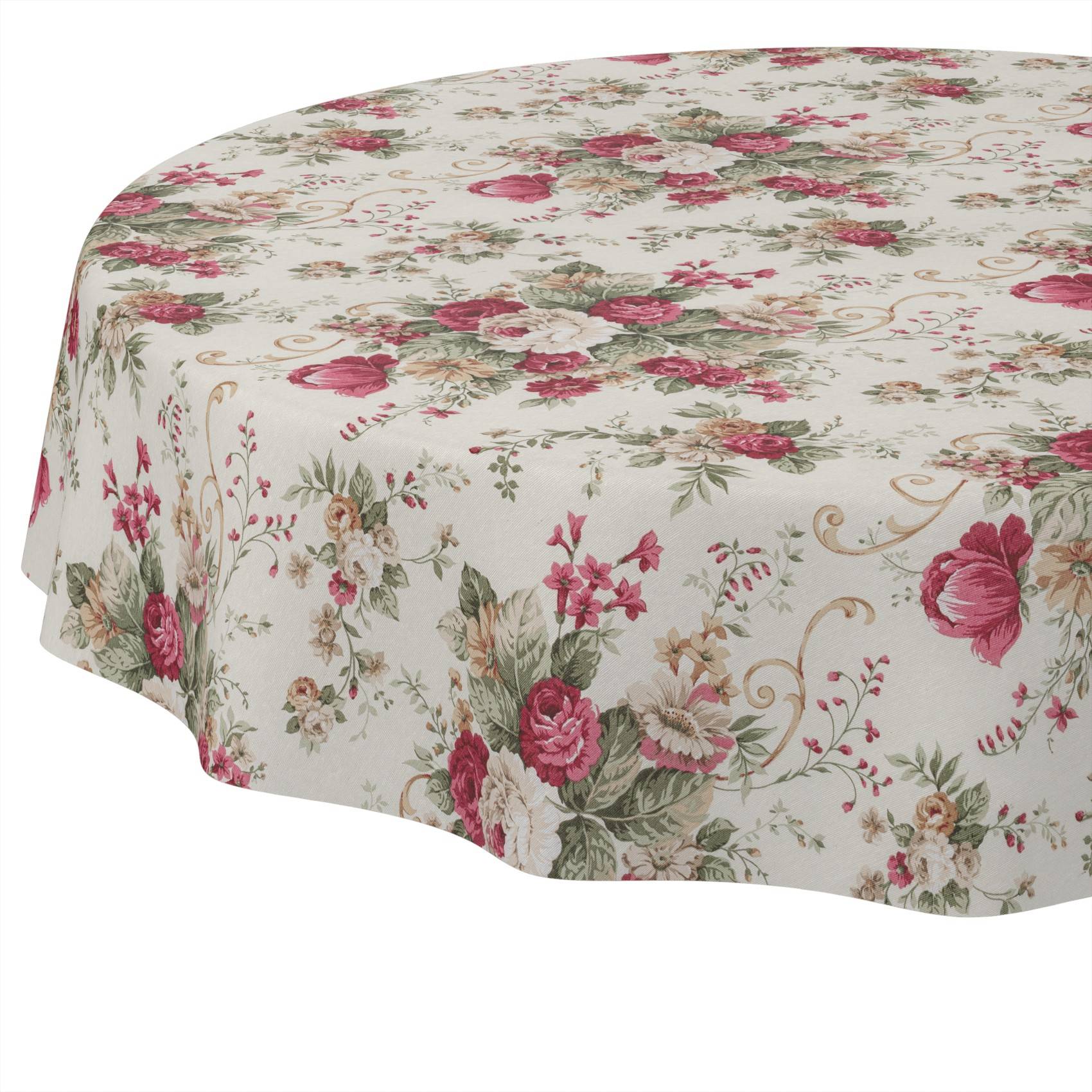 ANRO Tischdecke Rosen Creme Ø 120 cm rund mit Paspelband Baumwolle-Polyester abwaschbar