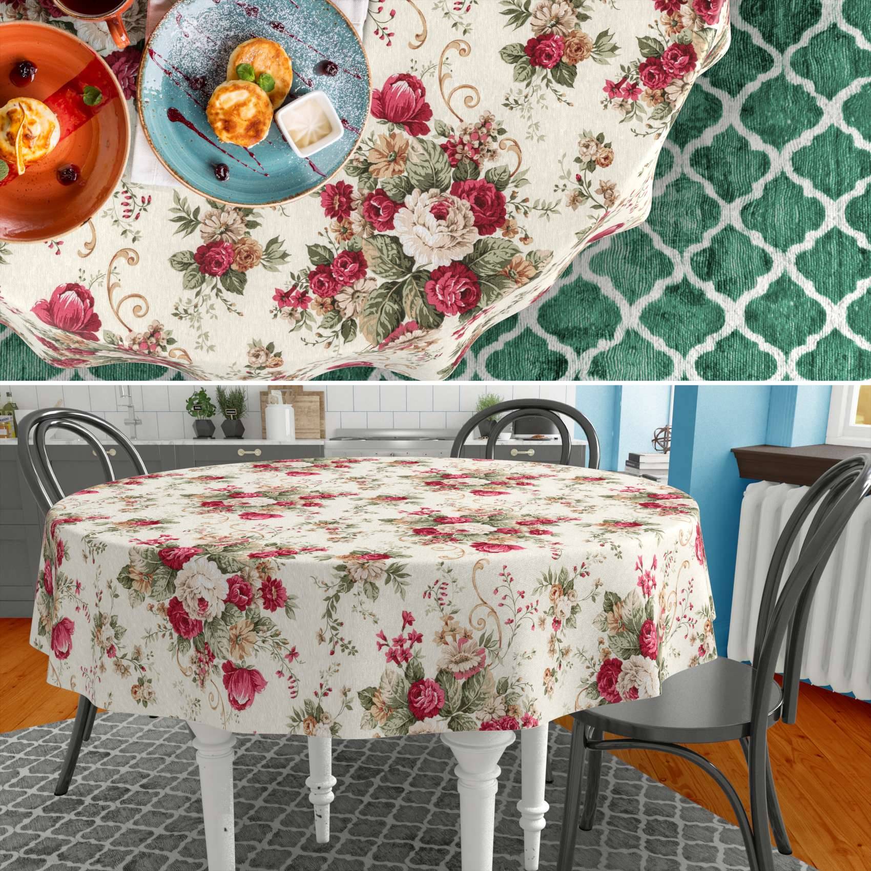 ANRO Tischdecke Rosen Creme Ø 120 cm rund mit Paspelband Baumwolle-Polyester abwaschbar