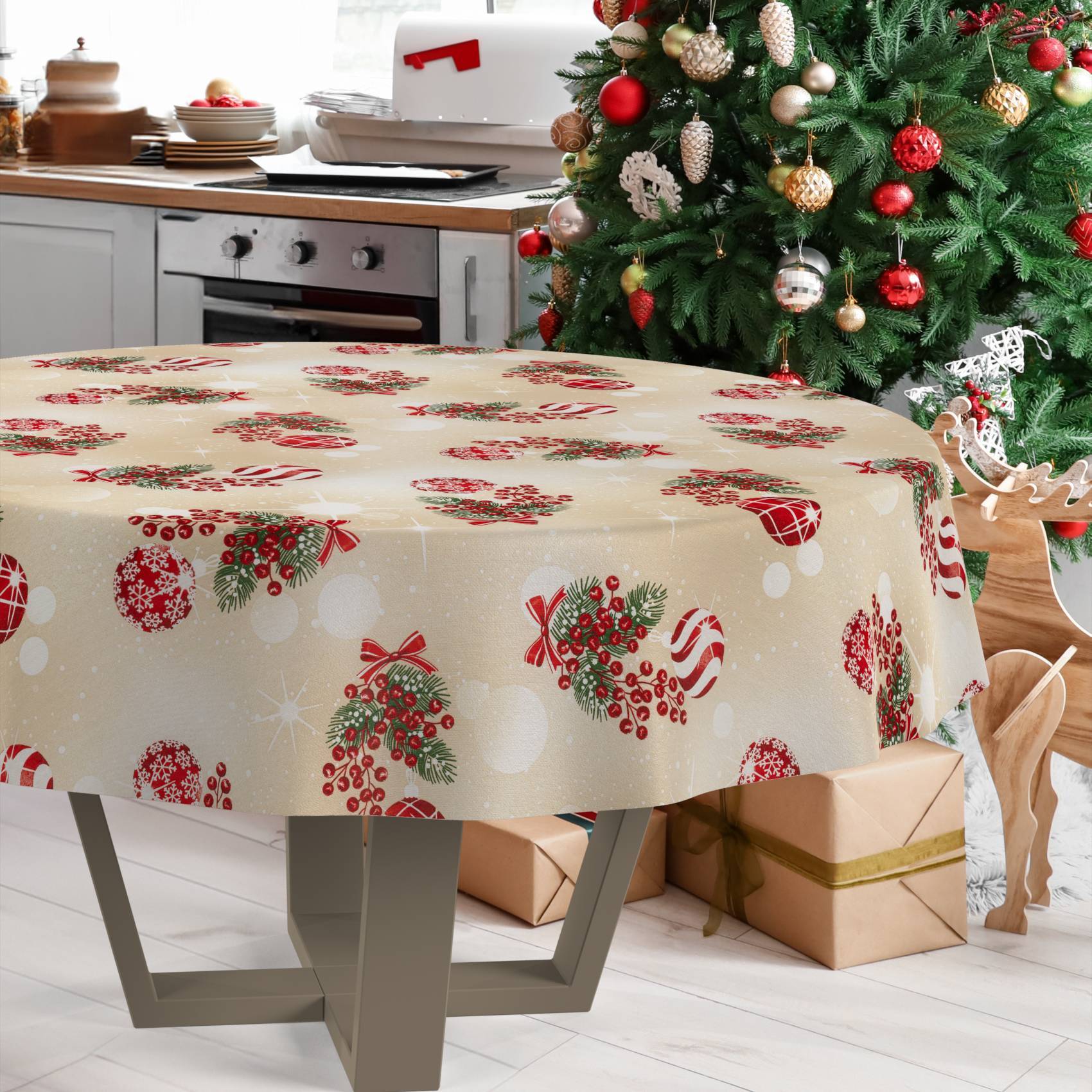 ANRO Tischdecke Zuckerstange Beige Ø 100 cm rund Schnittkante Baumwolle-Polyester