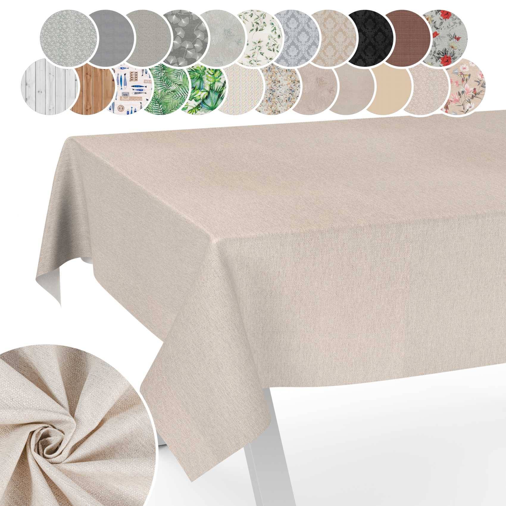 Beige Leinenlook-Tischdecke auf einem rechteckigen Tisch, mit oberhalb gezeigten Farbmustern aus Stoff und einer Nahaufnahme der Textur als Einsatz unten.