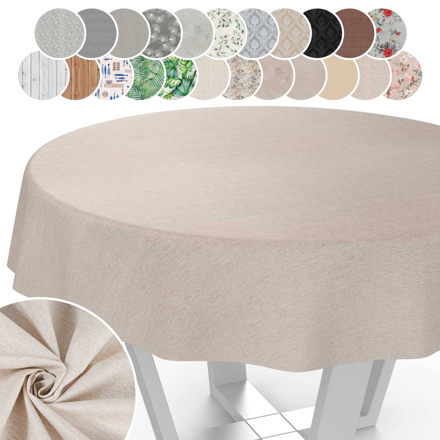 Beige rundeTischdecke auf einem runden Tisch, mit eingefügten Farbmustern, die mehrere Stoff- und Musterfarbenoptionen für die Abdeckung zeigen.