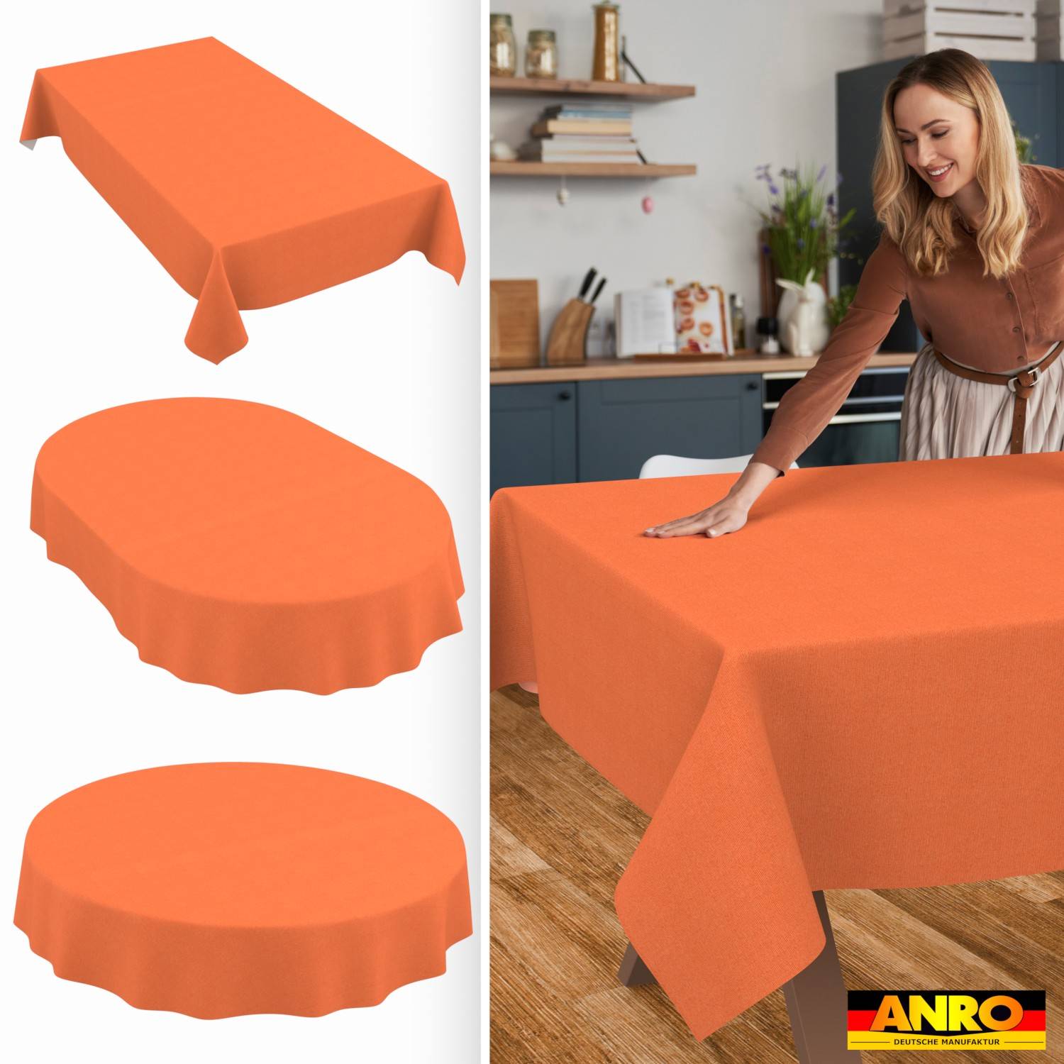 ANRO Tischdecke Uni Orange 140 x 100 cm eckig Schnittkante Baumwolle-Polyester abwaschbar