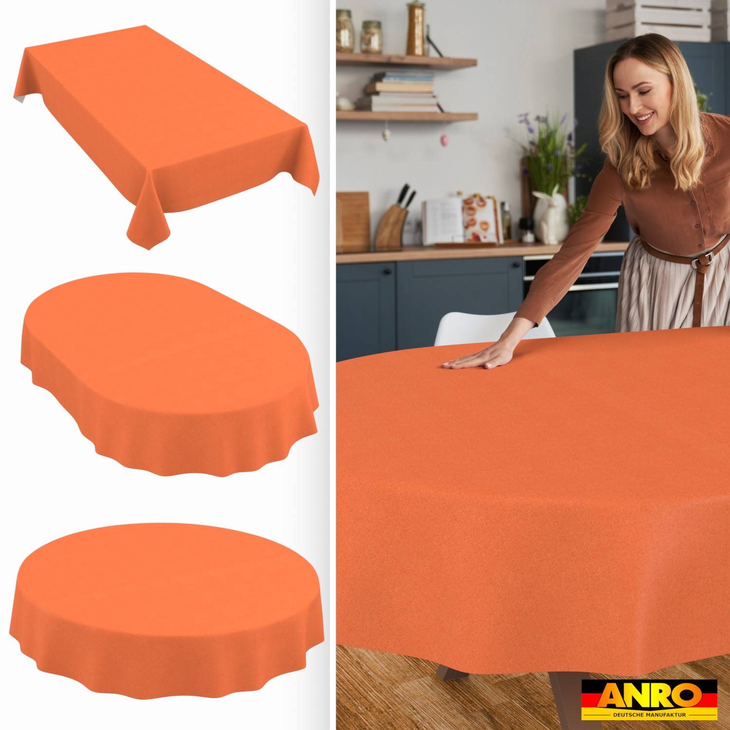ANRO Tischdecke Uni Orange 200 x 140 cm oval mit Paspelband Baumwolle-Polyester abwaschbar