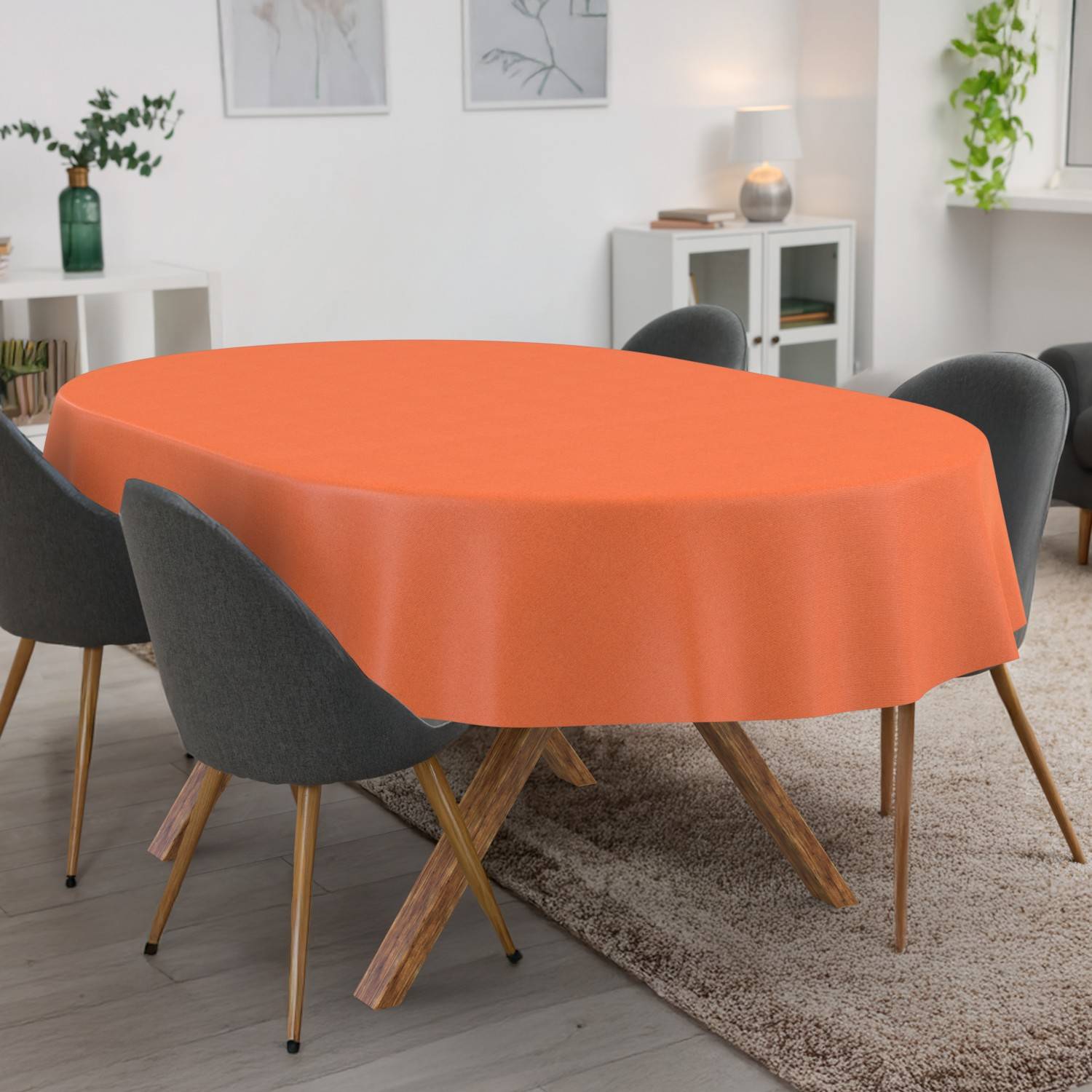 ANRO Tischdecke Uni Orange 200 x 140 cm oval mit Paspelband Baumwolle-Polyester abwaschbar