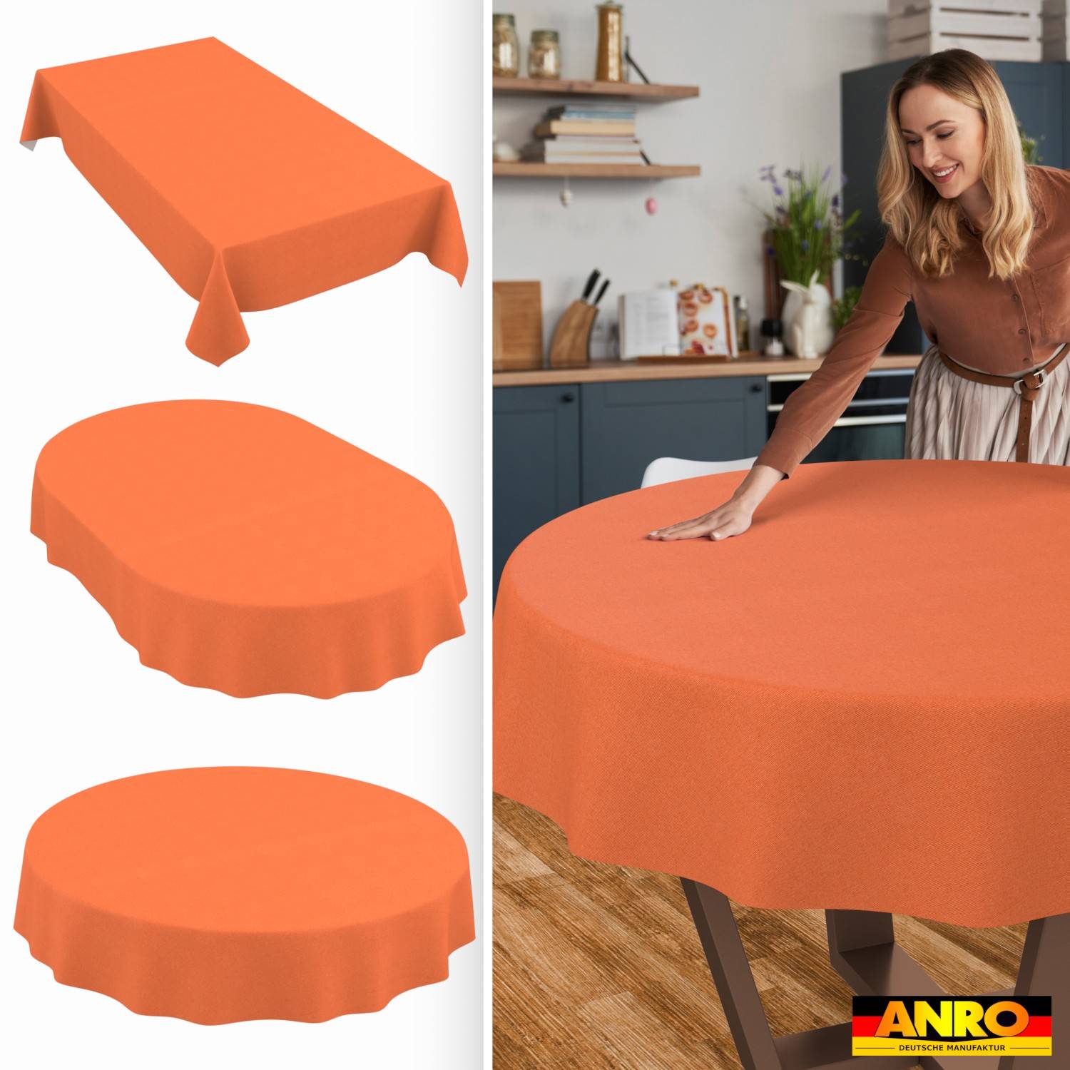 ANRO Tischdecke Uni Orange Ø 100 cm rund mit Paspelband Baumwolle-Polyester abwaschbar