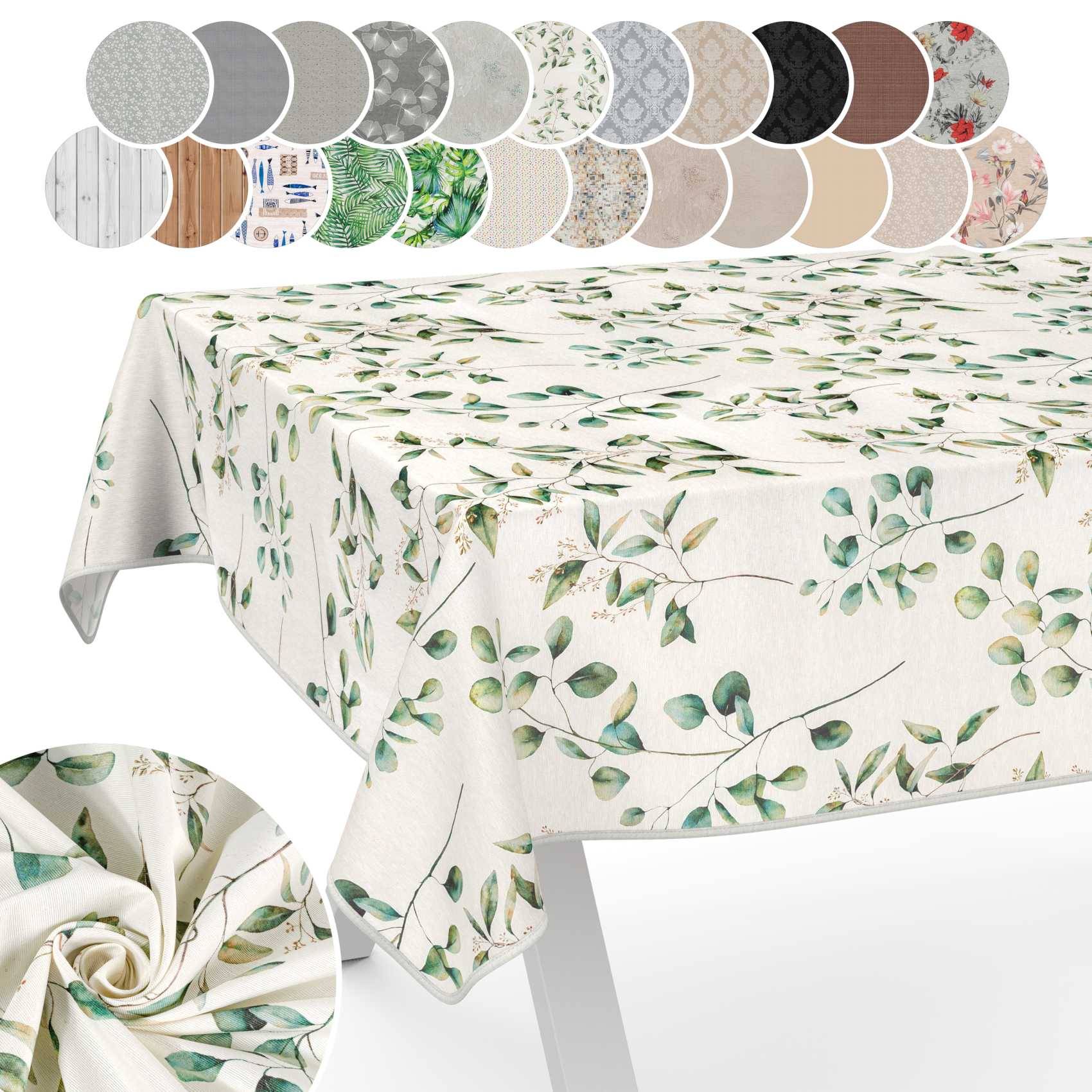 Blütengemusterte Tischdecke, die über einem Tisch drapiert ist, mit kreisförmigen Stoffmustern oben, die verfügbare Farben und Muster zeigen.