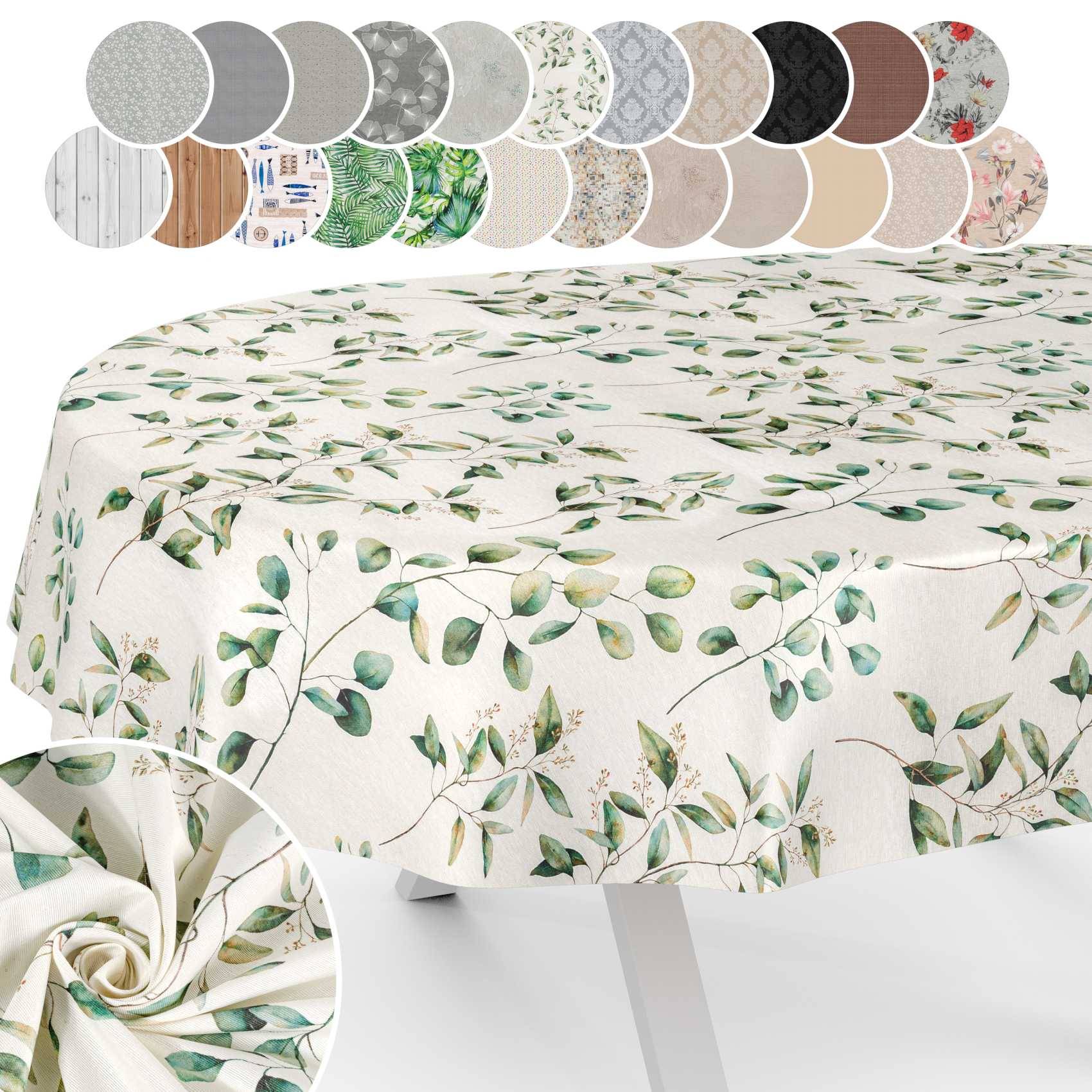 Runde Tischdecke mit grünem Blatt- und Ranken-Botanik-Druck, dargestellt über einem Tisch drapiert, mit kleinen Stoffmustern verfügbarer Muster und Farben oben.