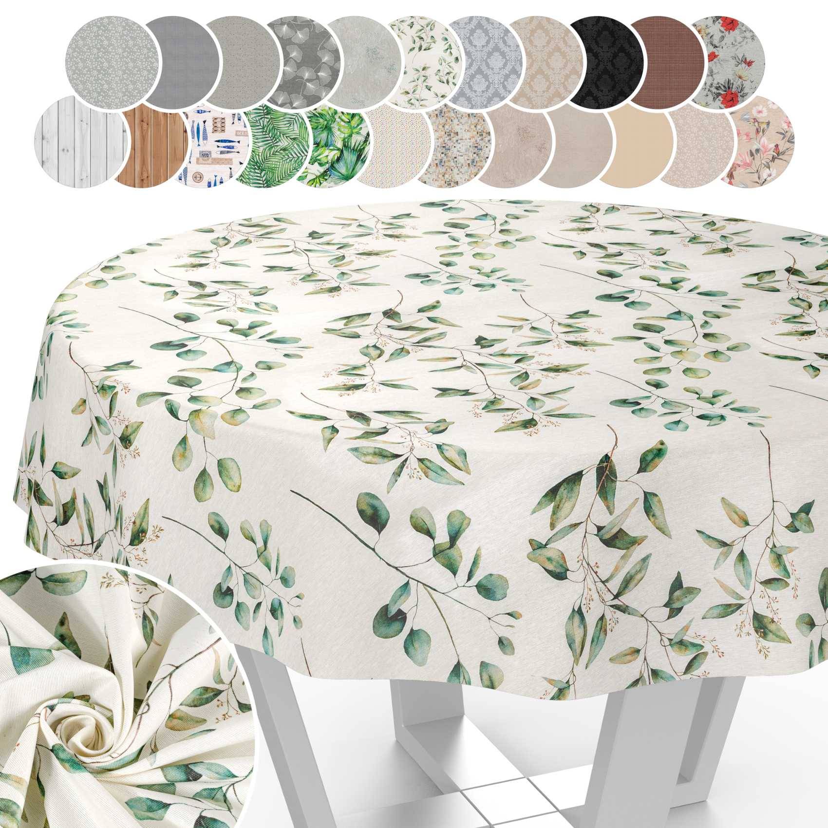 Rundecke Tischdecke mit grünem Blattfloral-Druck; eingefügte Muster zeigen Farb- und Musteroptionen.