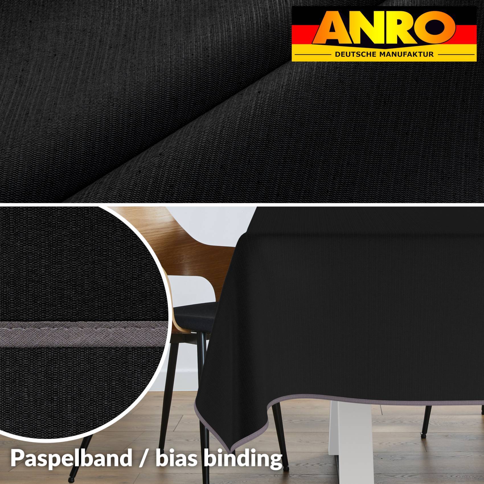 ANRO Tischdecke Mila Anthrazit 200 x 140 cm eckig mit Paspelband Baumwolle-Polyester Uni