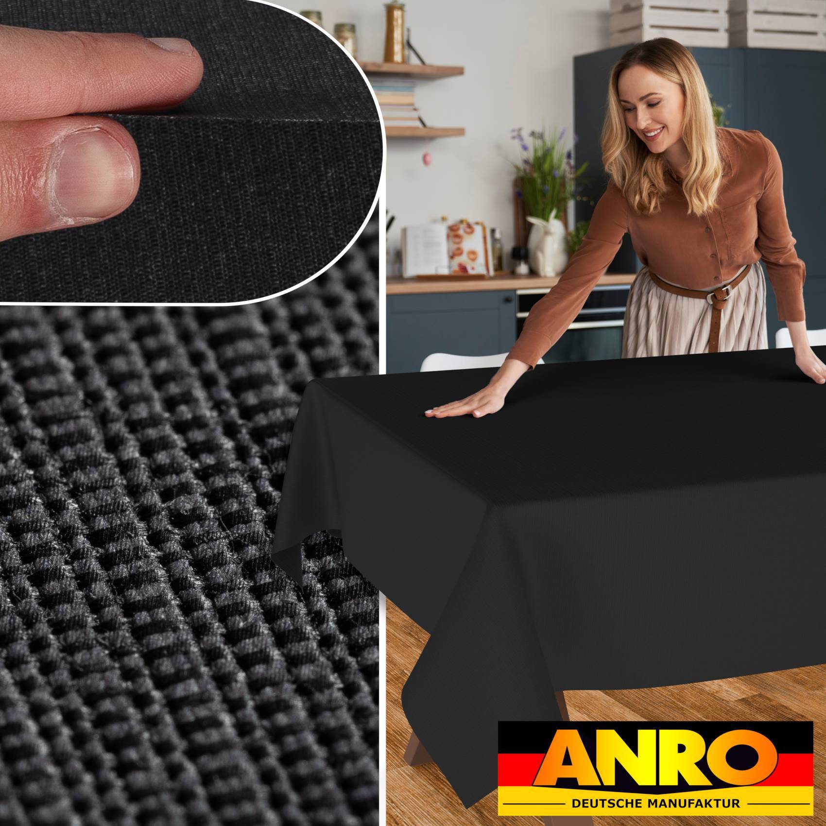ANRO Tischdecke Mila Anthrazit 200 x 140 cm eckig mit Paspelband Baumwolle-Polyester Uni