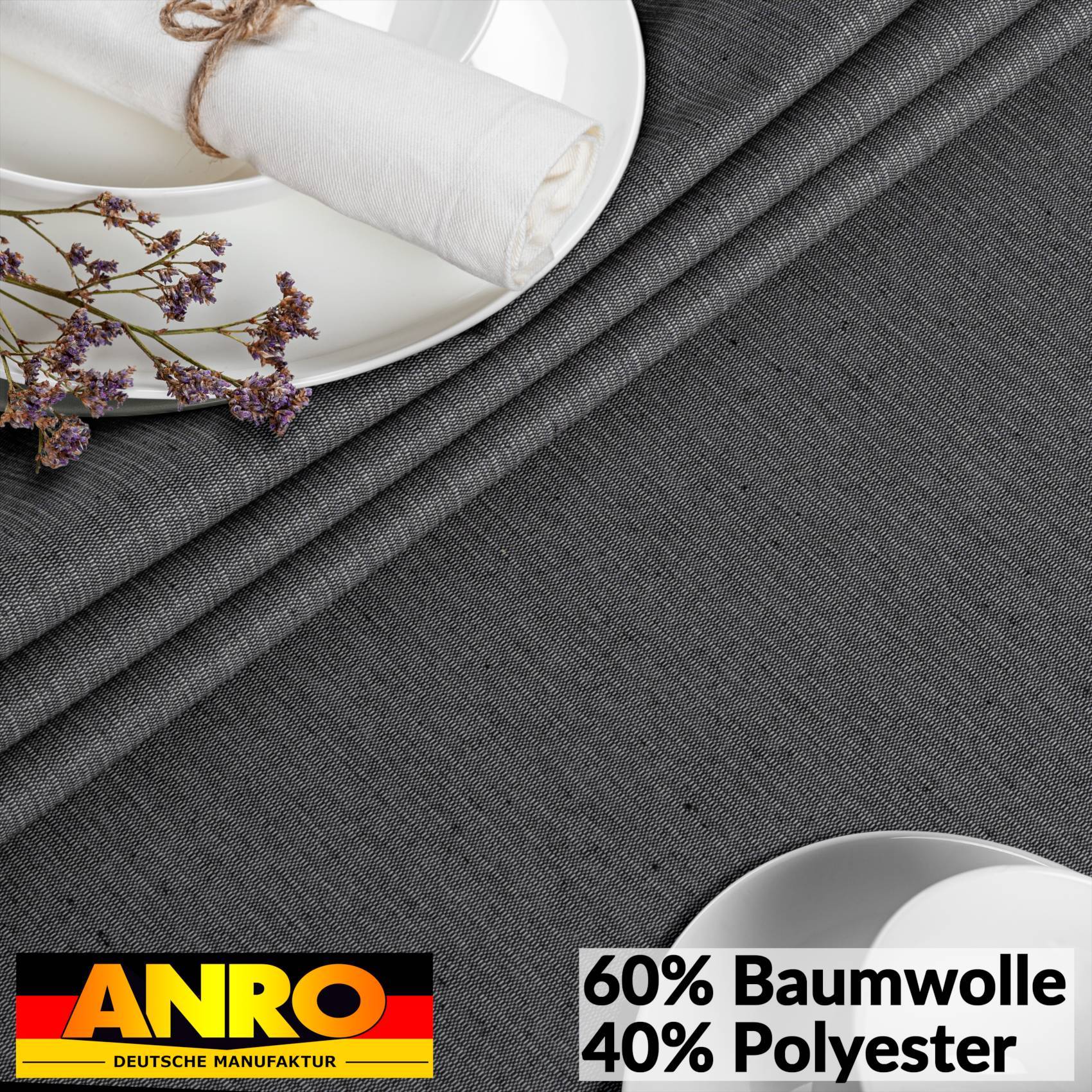 ANRO Tischdecke Mila Grau 160 x 140 cm oval mit Paspelband Baumwolle-Polyester Fleckschutz