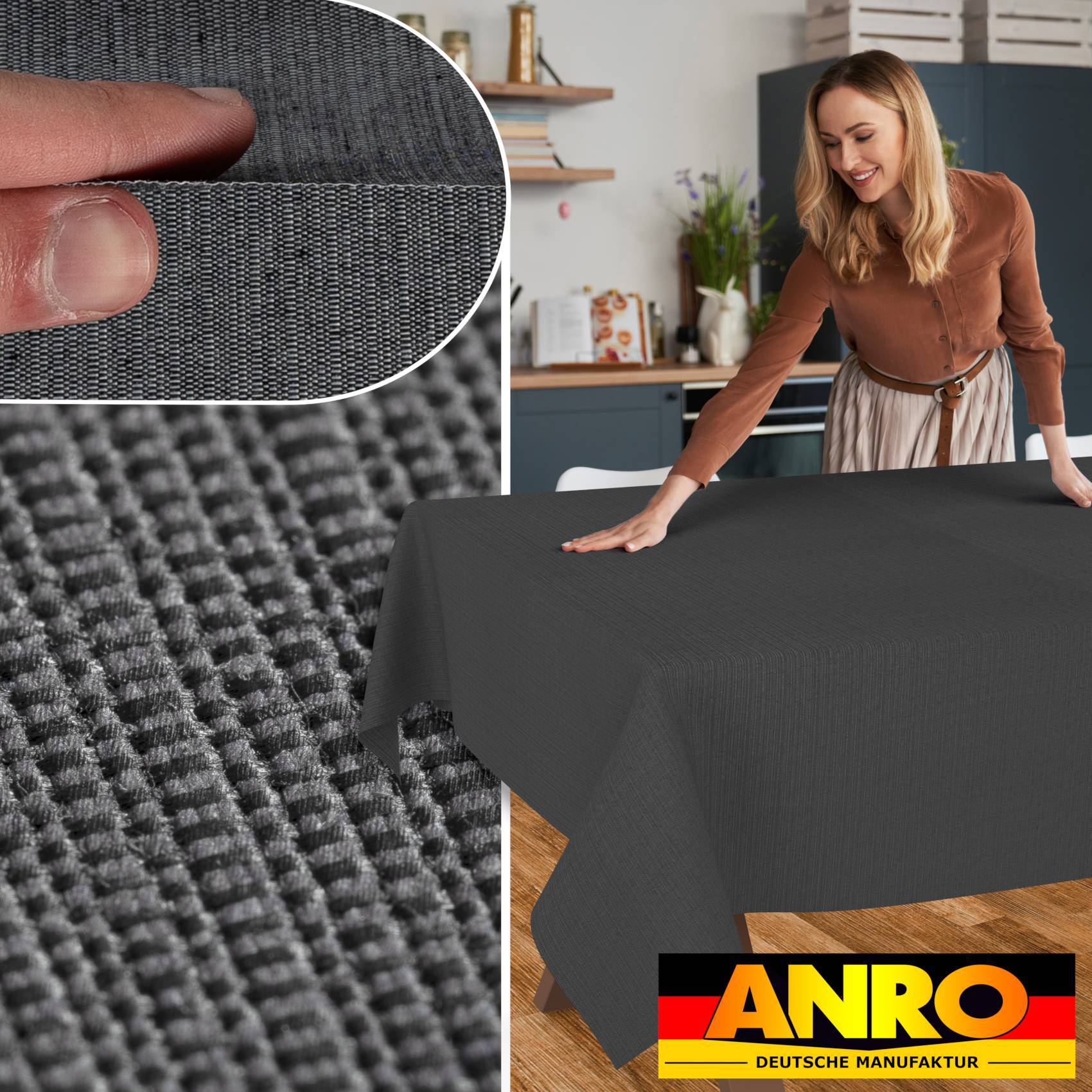 ANRO Tischdecke Mila Grau 160 x 120 cm eckig mit Paspelband Baumwolle-Polyester abwaschbar