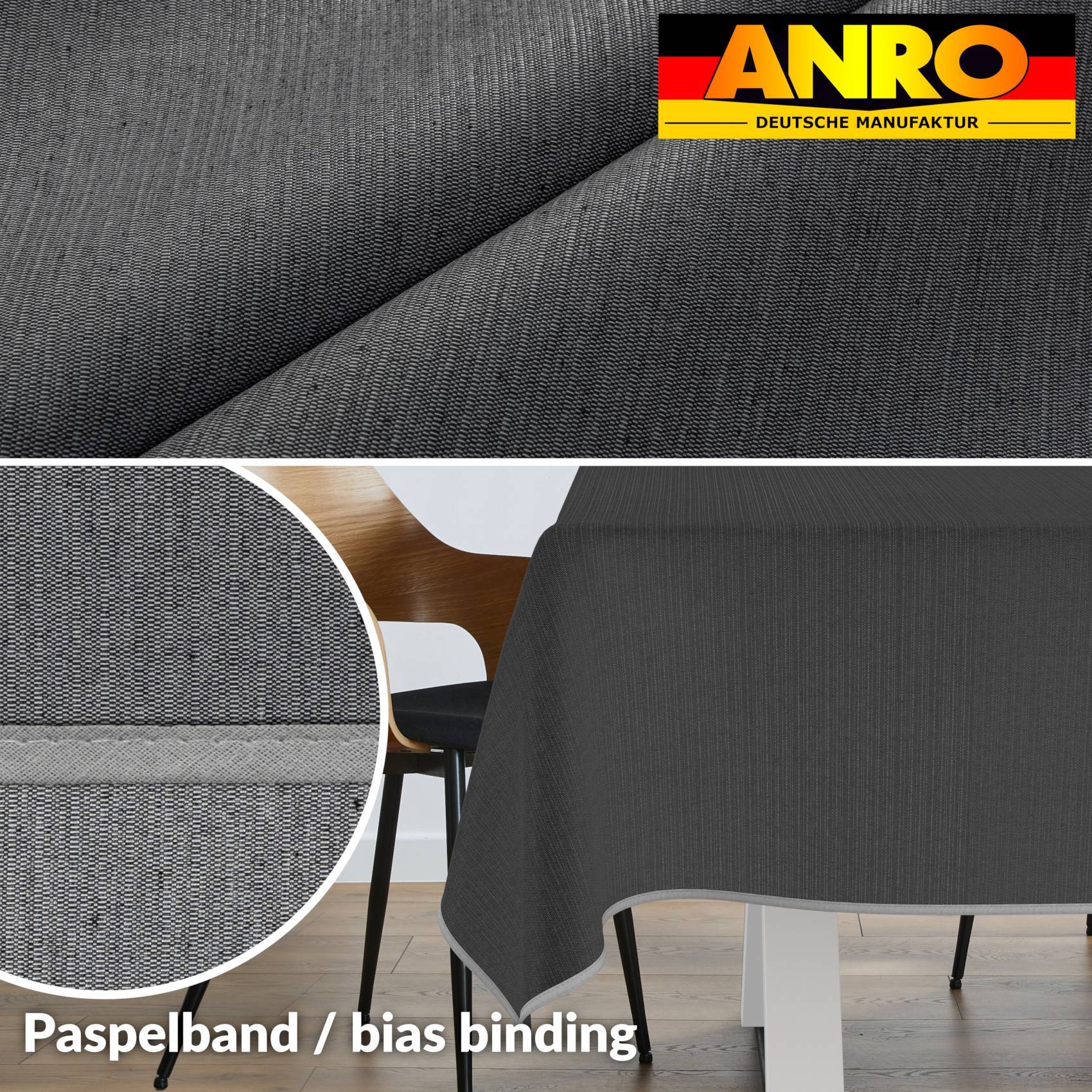 ANRO Tischdecke Mila Grau 160 x 120 cm eckig mit Paspelband Baumwolle-Polyester abwaschbar