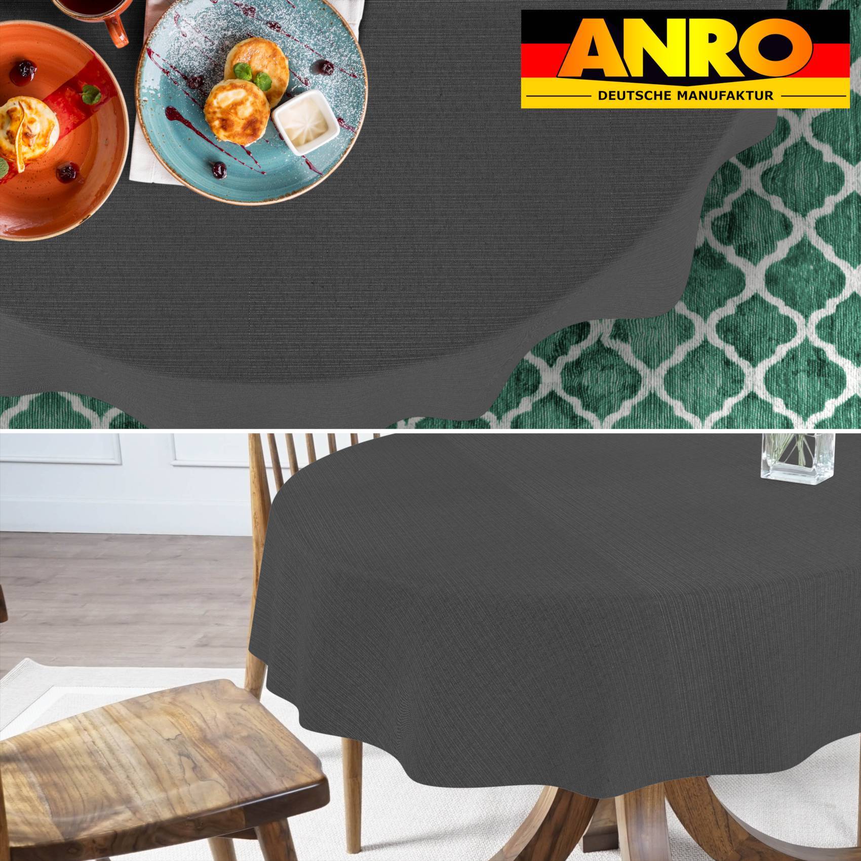 ANRO Tischdecke Mila Grau 160 x 140 cm oval mit Paspelband Baumwolle-Polyester Fleckschutz