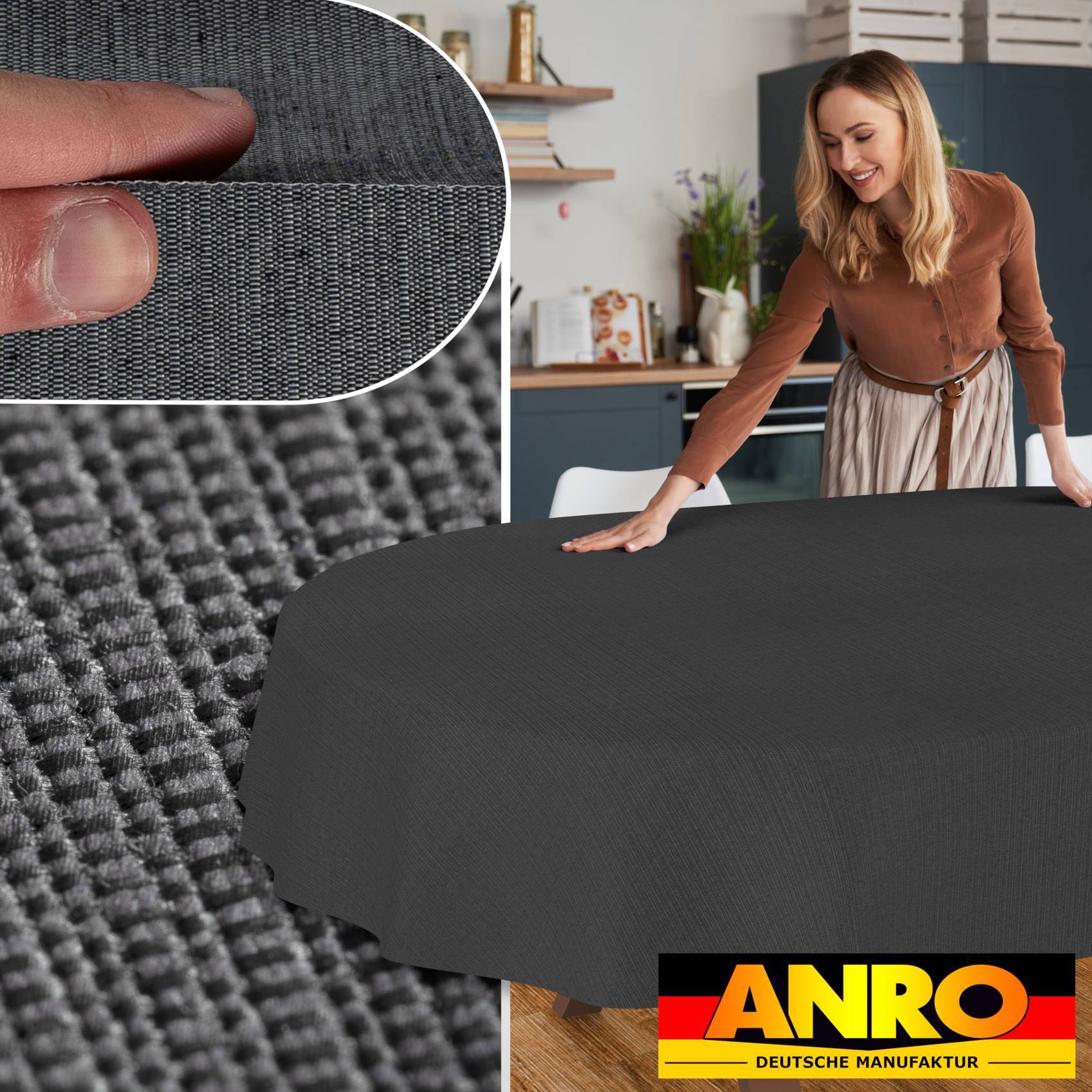 ANRO Tischdecke Mila Grau 160 x 140 cm oval mit Paspelband Baumwolle-Polyester Fleckschutz