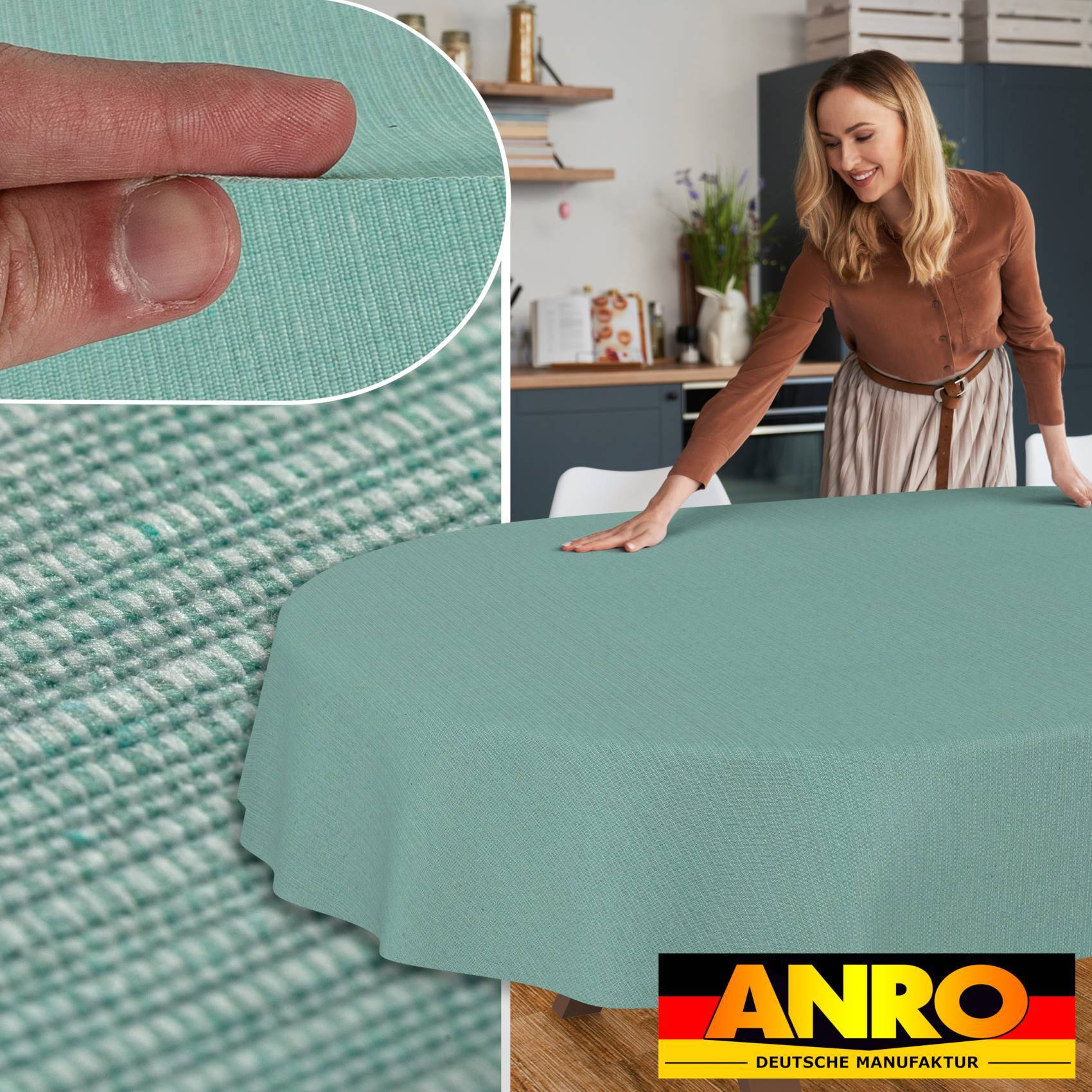 ANRO Tischdecke Mila Mint 180 x 140 cm oval mit Paspelband Baumwolle-Polyester Fleckschutz