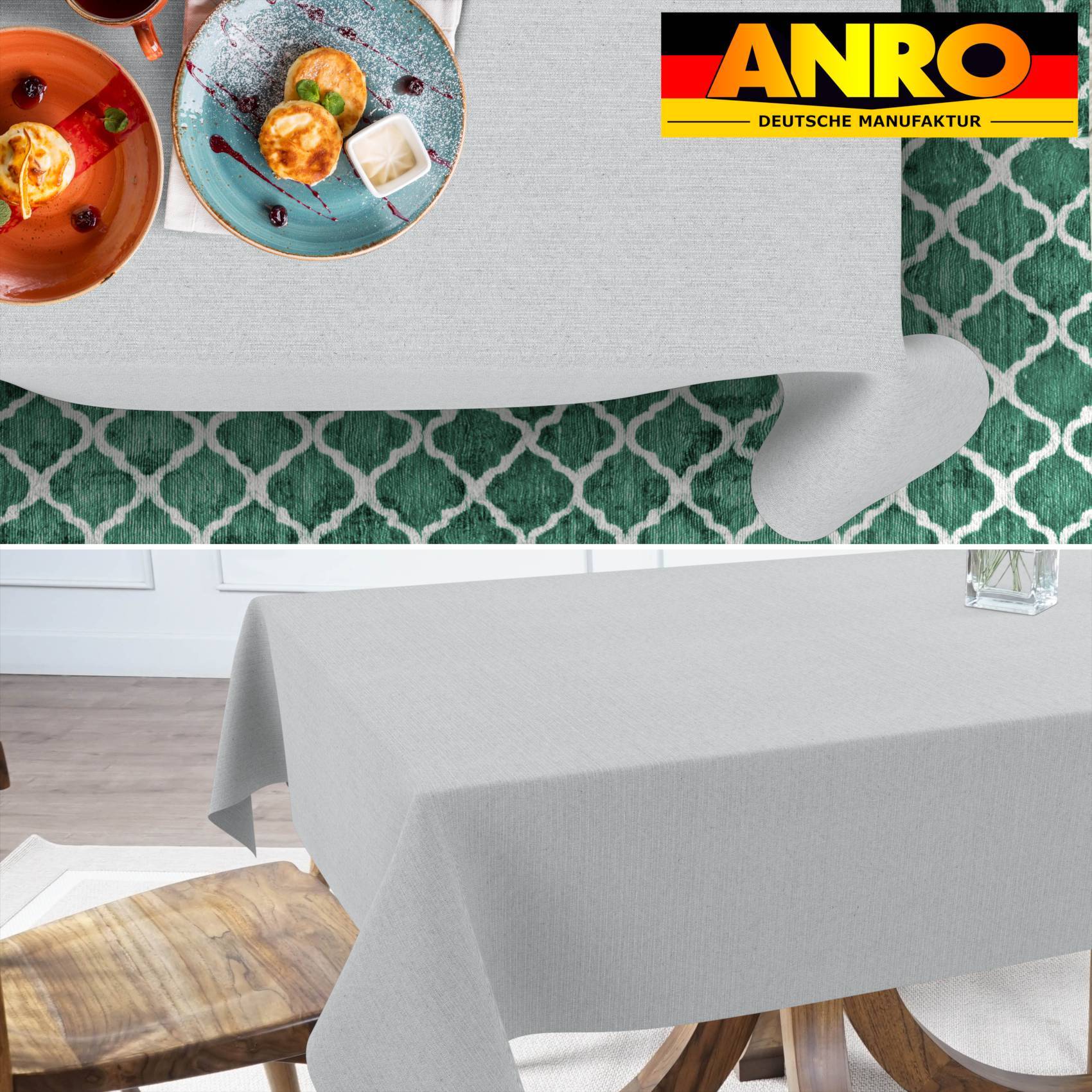 Werbebild einer hellgrauen Tischdecke auf einem Esstisch mit grün gemusterter Unterseite, ANRO Deutsche Manufaktur Logo und stilisierten Tellern mit Speisen.