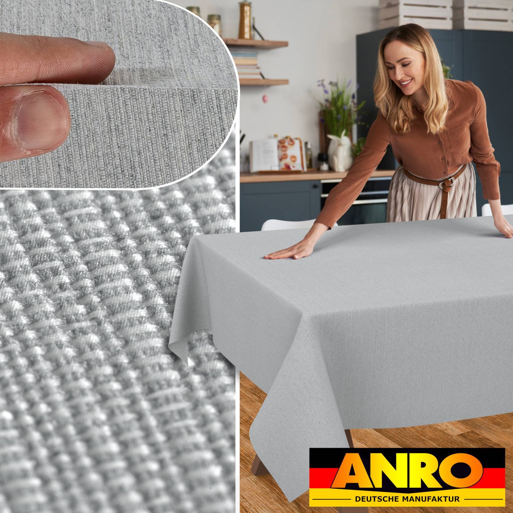 ANRO Tischdecke Mila Perlmutt 240 x 140 cm eckig mit Paspelband Baumwolle-Polyester Uni