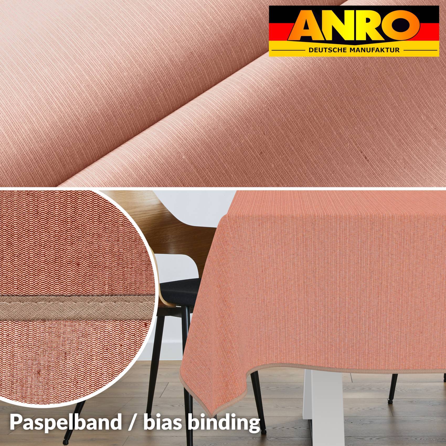 ANRO-Stoffmuster zeigt rosafarbenes gewebtes Polstermaterial und einen Tisch, der mit passendem Stoff bedeckt ist, beschriftet mit „Paspelband / Schrägband"