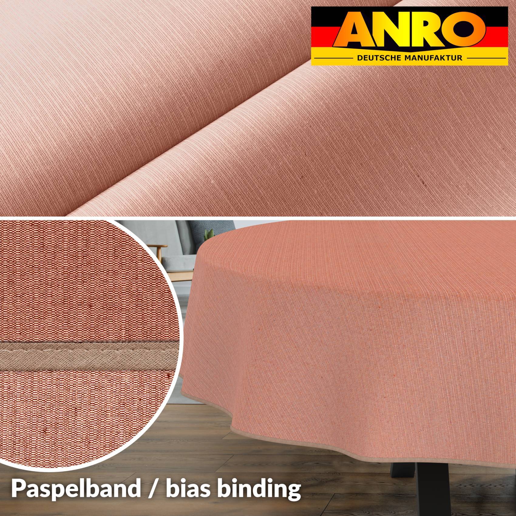 ANRO-Textilien in Roségold-Stoff in Großaufnahme und auf einem Tisch gezeigt; eine mit „Paspelband / Schrägband" beschriftete Einführung zeigt passendes gewebtes Zierband.