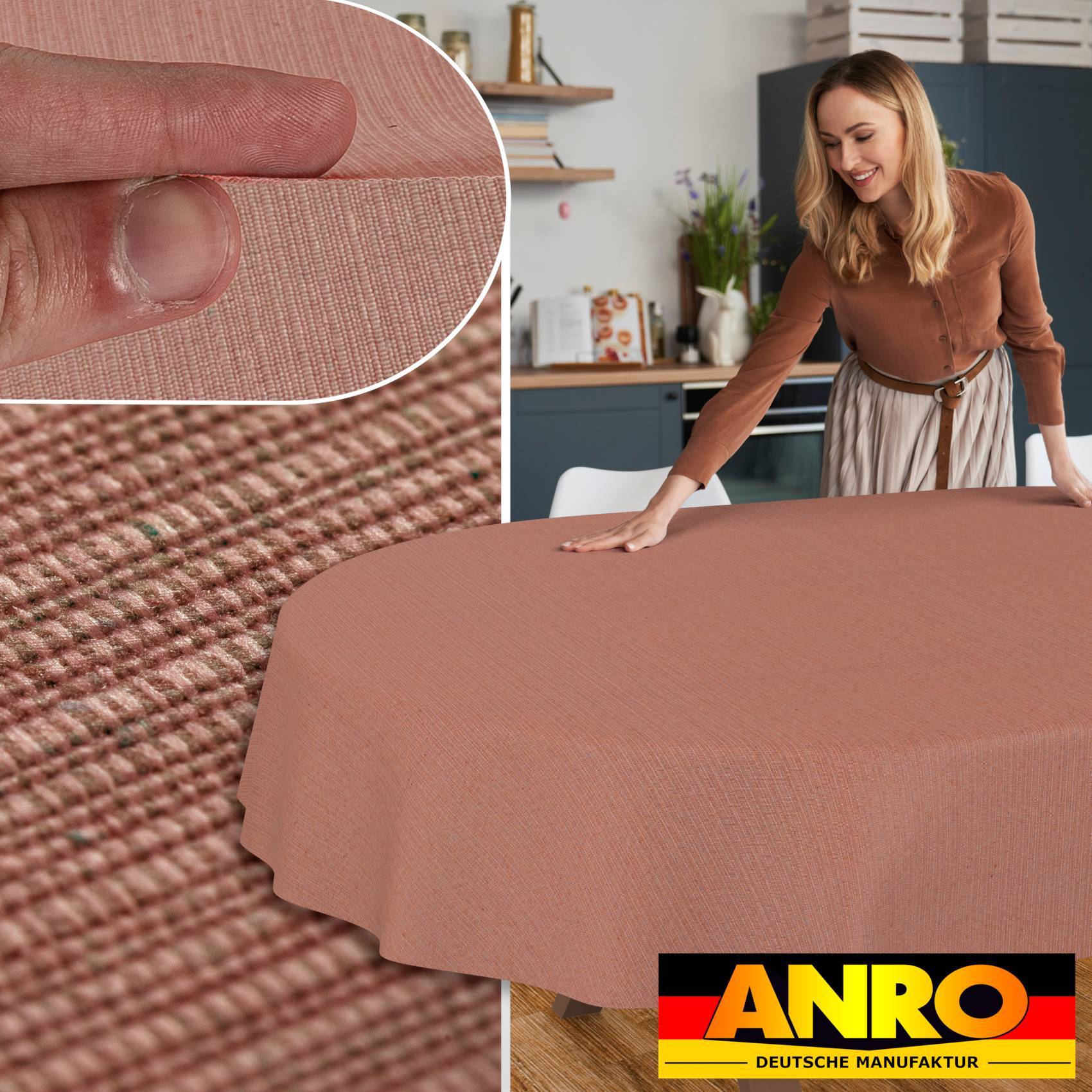 ANRO Tischdecke Mila Terracotta 160 x 140 cm oval Schnittkante Baumwolle-Polyester Uni