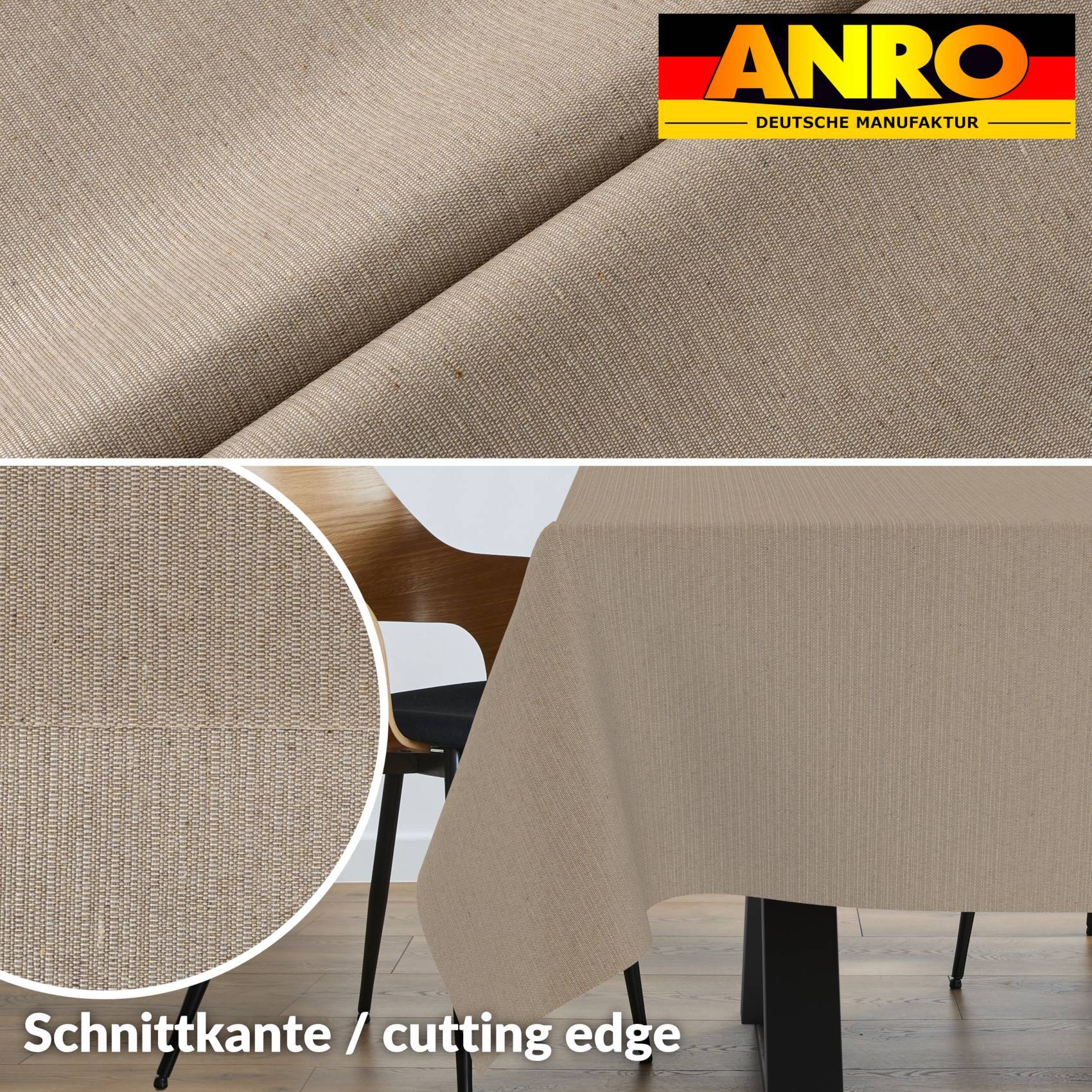 Nahaufnahme der beigen gewebten Polsterstoffoberfläche mit dem Detail der "Cutting Edge""-Naht, dem ANRO-Logo und eingefügtem Zoom-Kreis.