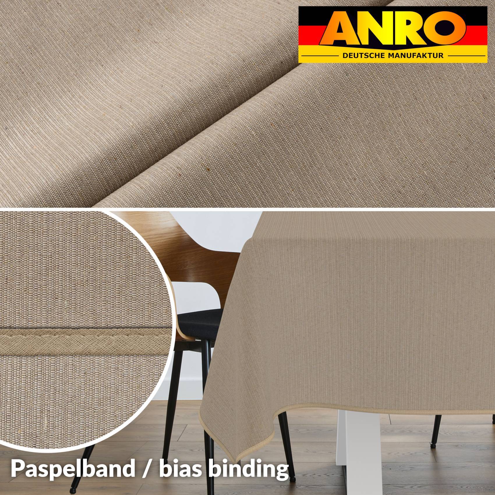 Beigefarbener Stoff in Nahaufnahme mit Ausschnitt, der eine Tischdeckenkante und Nähte zeigt, beschriftet mit „Paspelband / bias binding" von ANRO.