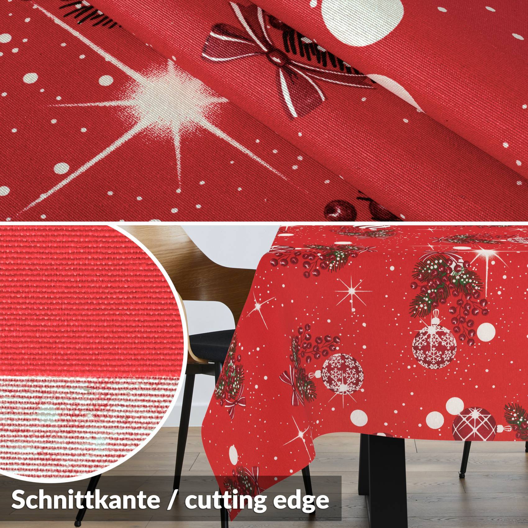 Rote Weihnachtsstoffe mit weißen festlichen Drucken; die Vergrößerung zeigt die rot-weiß gestreifte Schnittkante, beschriftet mit 