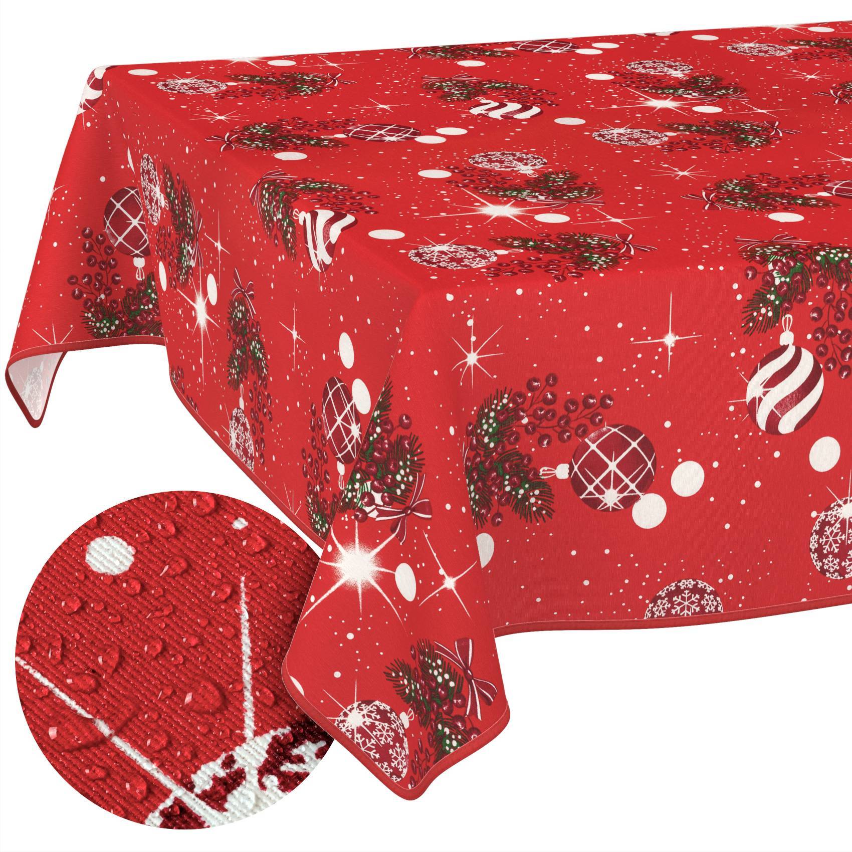 Rote Weihnachtstischdecke mit Feiertagsverzierungen, Schneeflocken und Kiefernnzweigen; Die Einführung zeigt die strukturierte Stoffnähe.